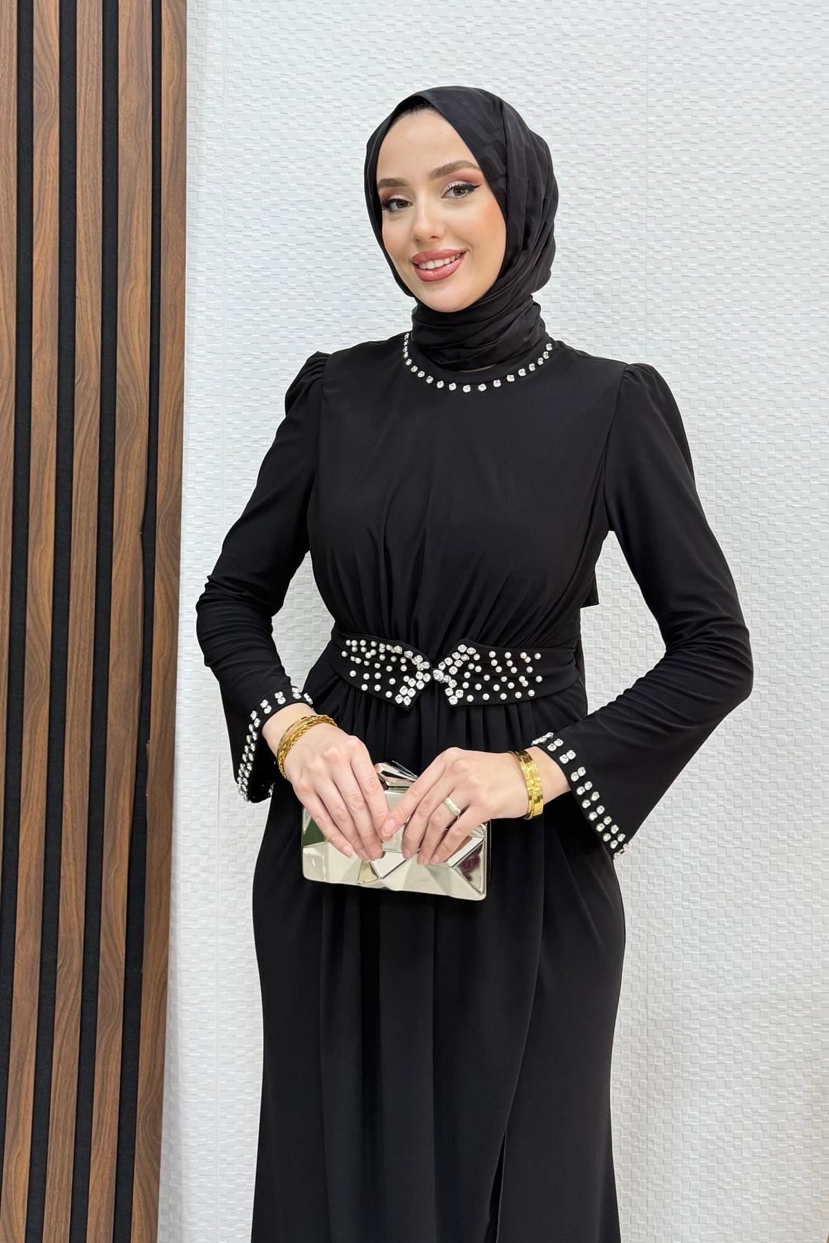 Kuşağı İncili Sandy Elbise Siyah