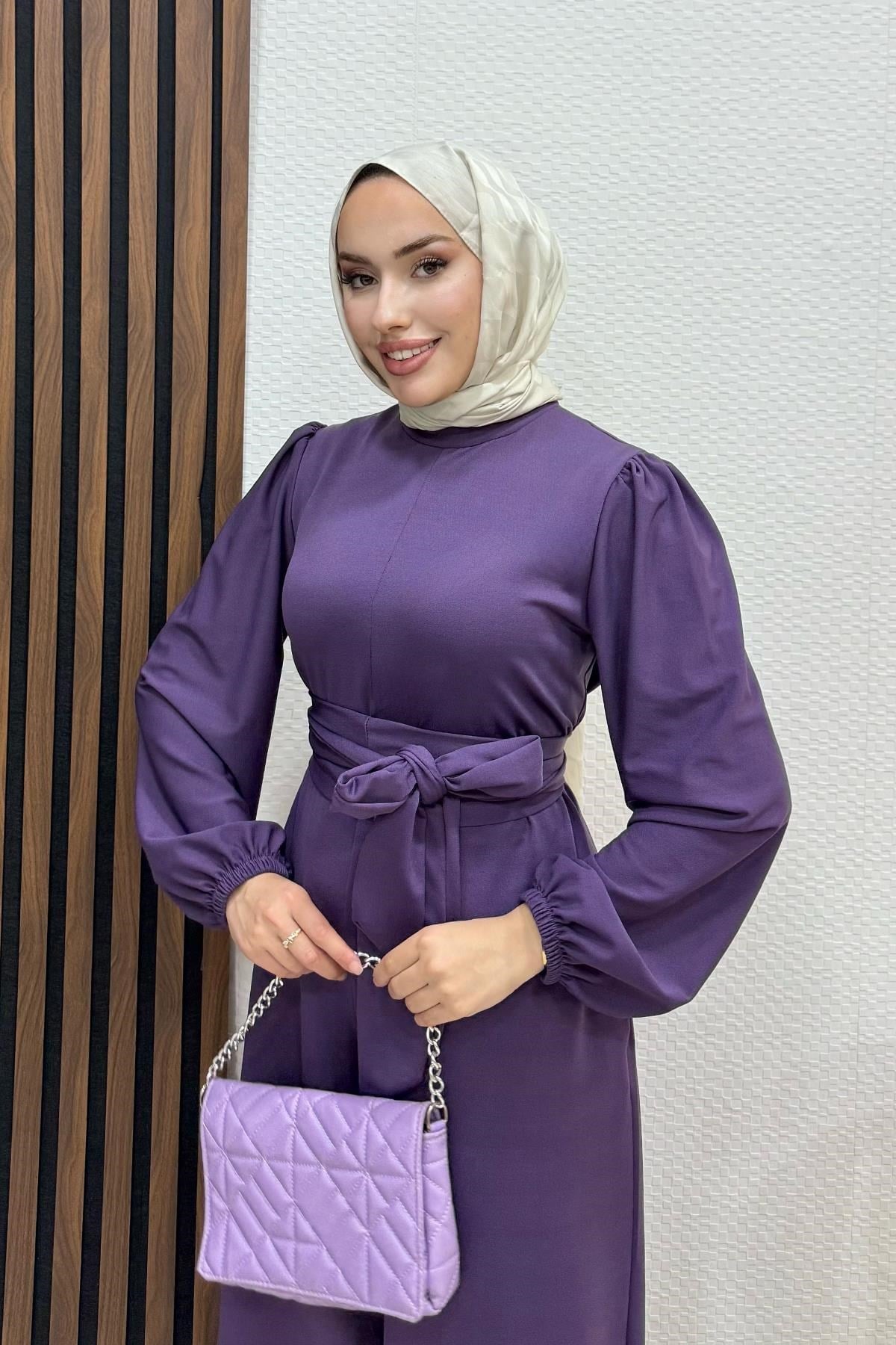 Kuşaklı Tesettür Tulum Koyu Lila