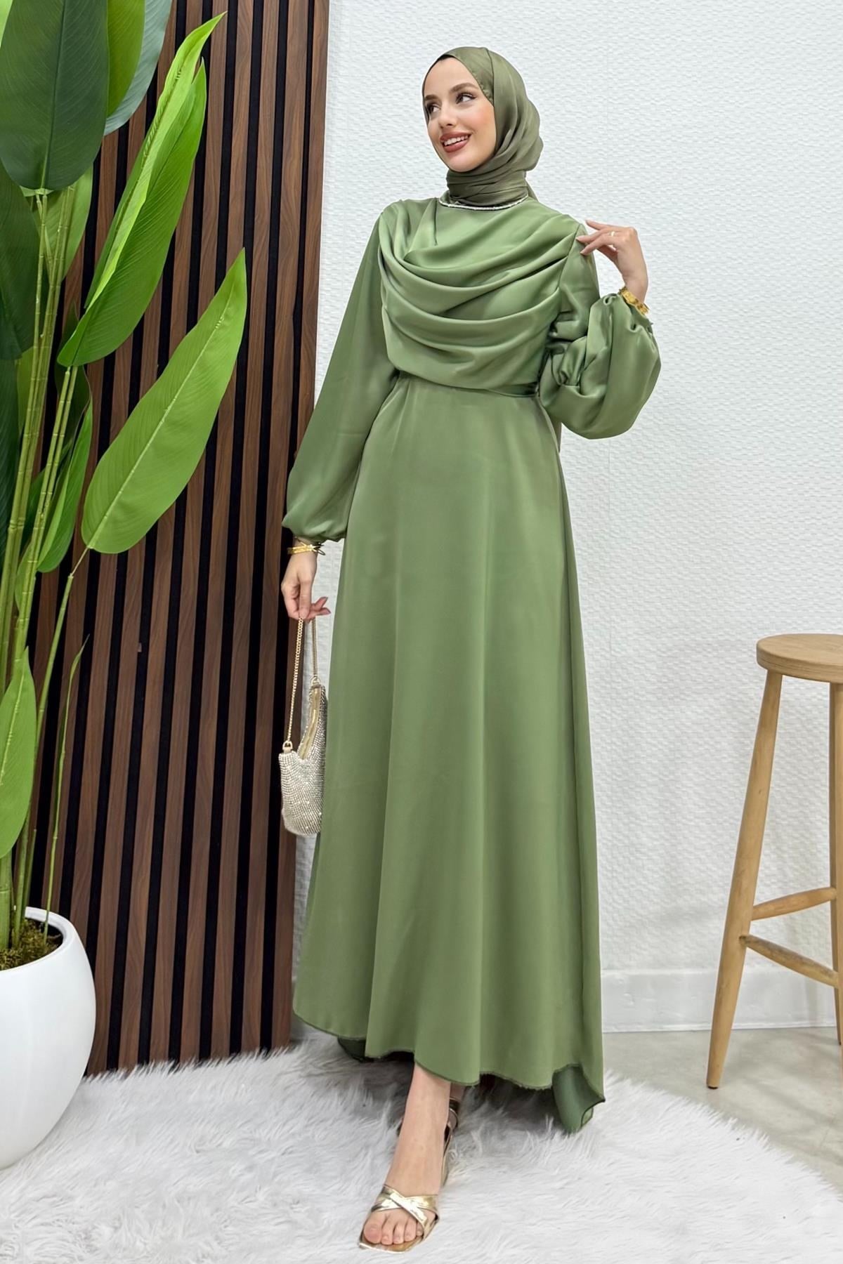 Kuyruklu Degaje Elbise Soft Yeşil