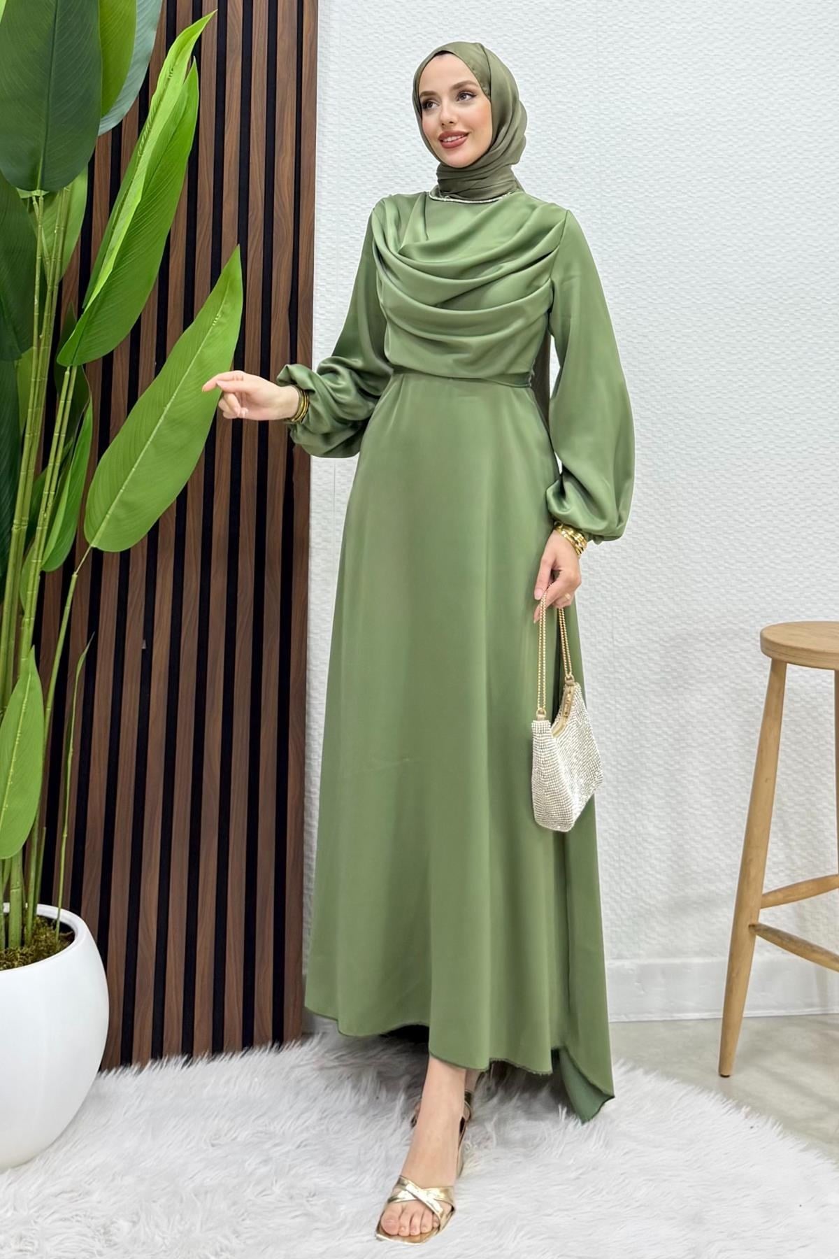 Kuyruklu Degaje Elbise Soft Yeşil