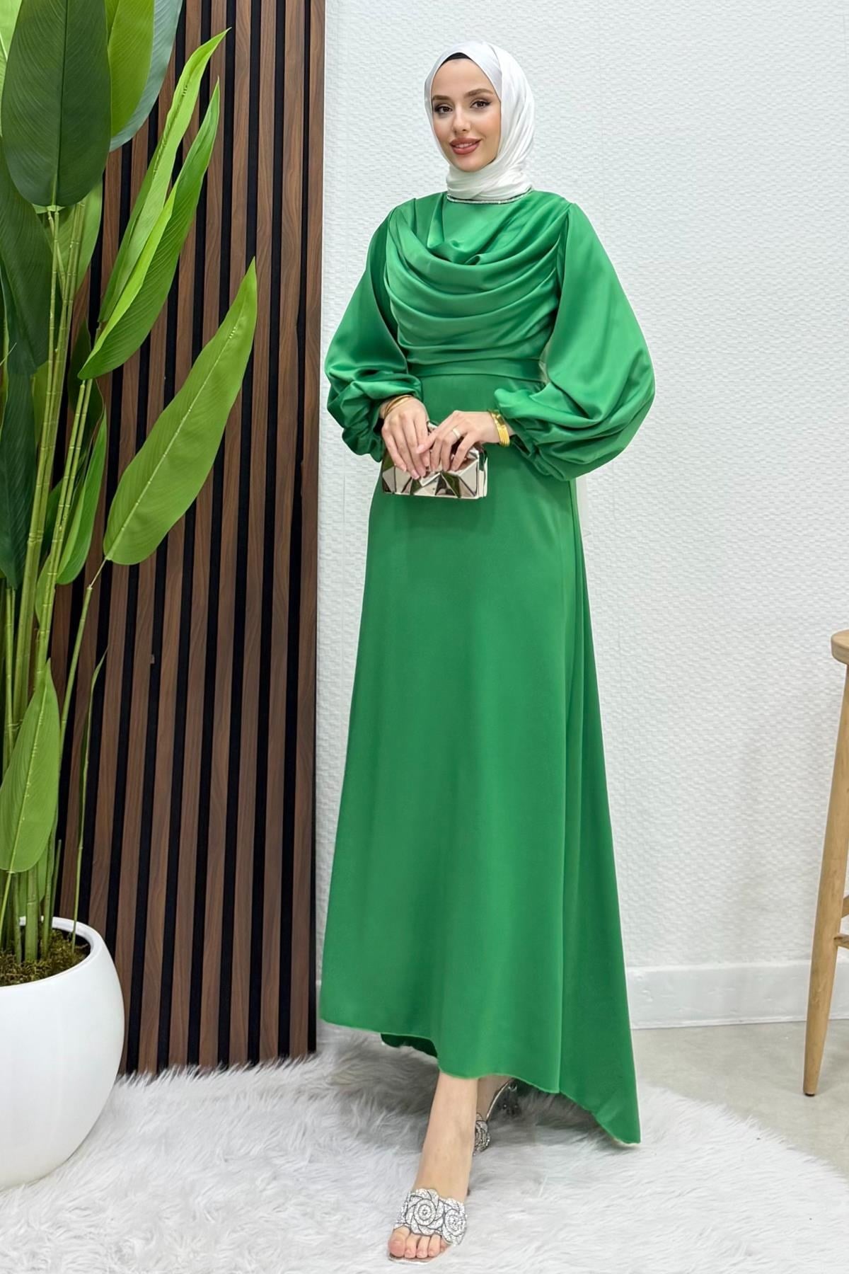 Kuyruklu Degaje Elbise Yeşil
