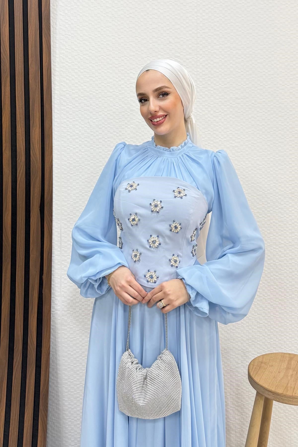 Lame Taş Detay Abiye Bebe Mavi
