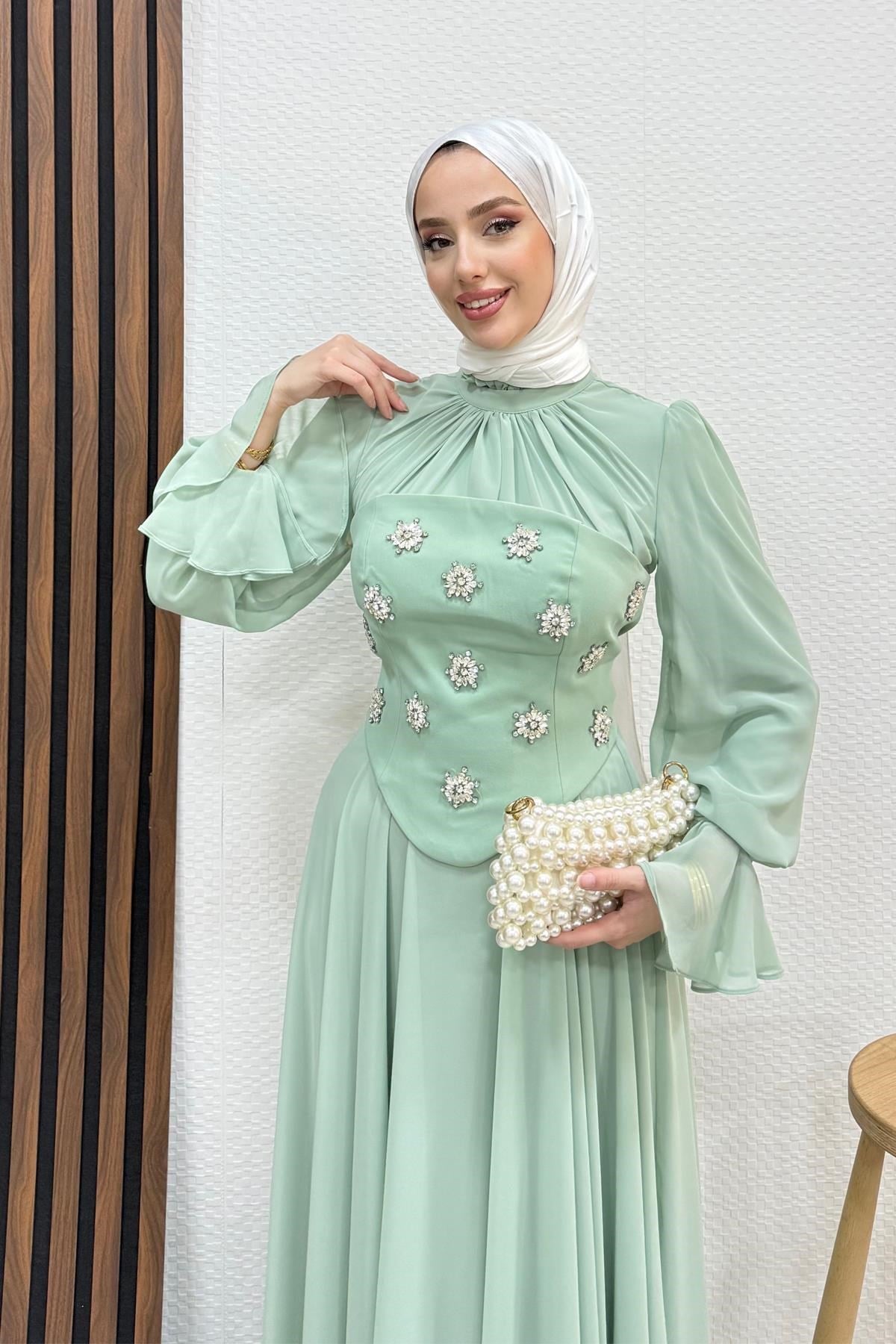Lame Taş Detay Abiye Mint