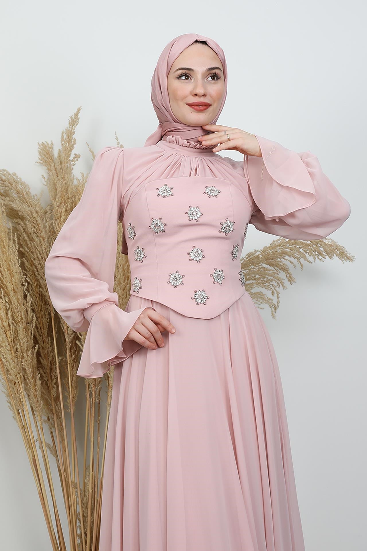 Lame Taş Detay Abiye Soft Pembe