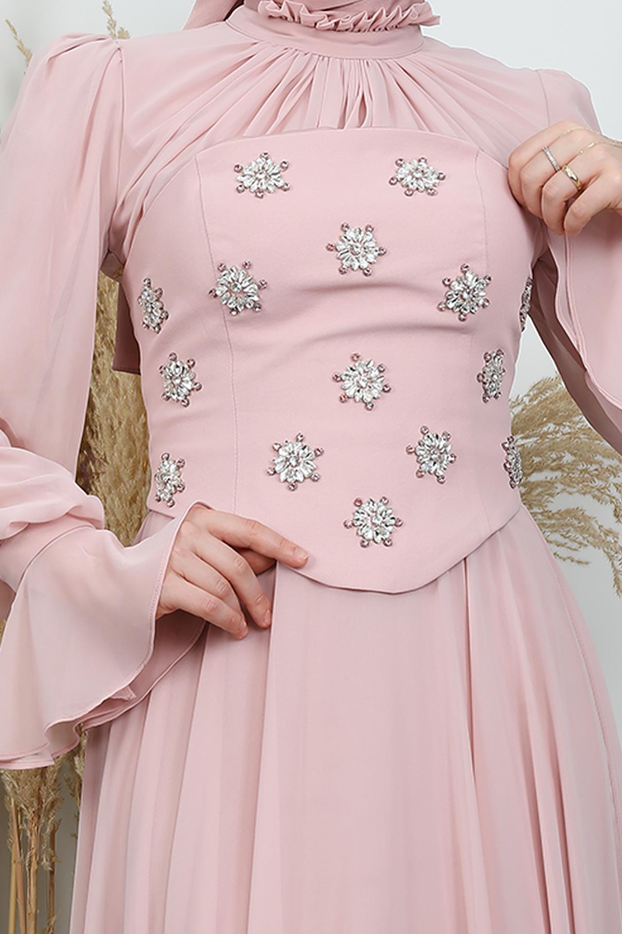 Lame Taş Detay Abiye Soft Pembe
