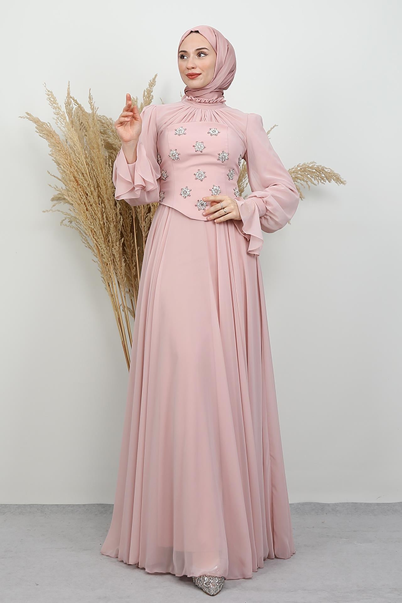 Lame Taş Detay Abiye Soft Pembe