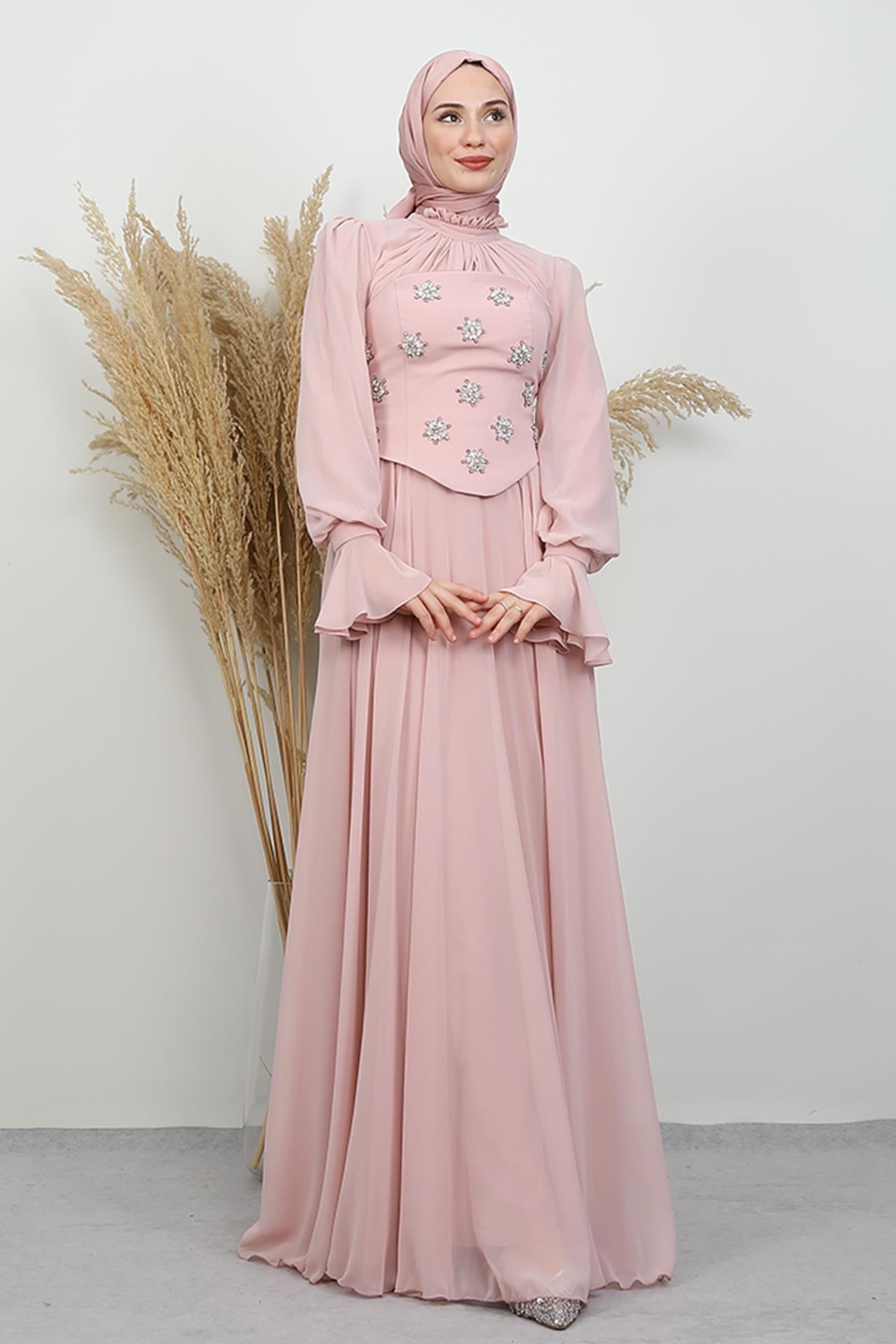 Lame Taş Detay Abiye Soft Pembe