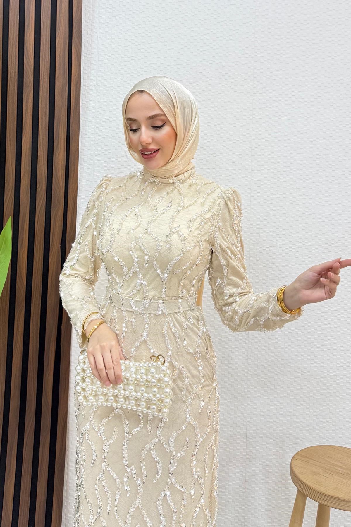 Laya Tül İşleme Abiye Krem