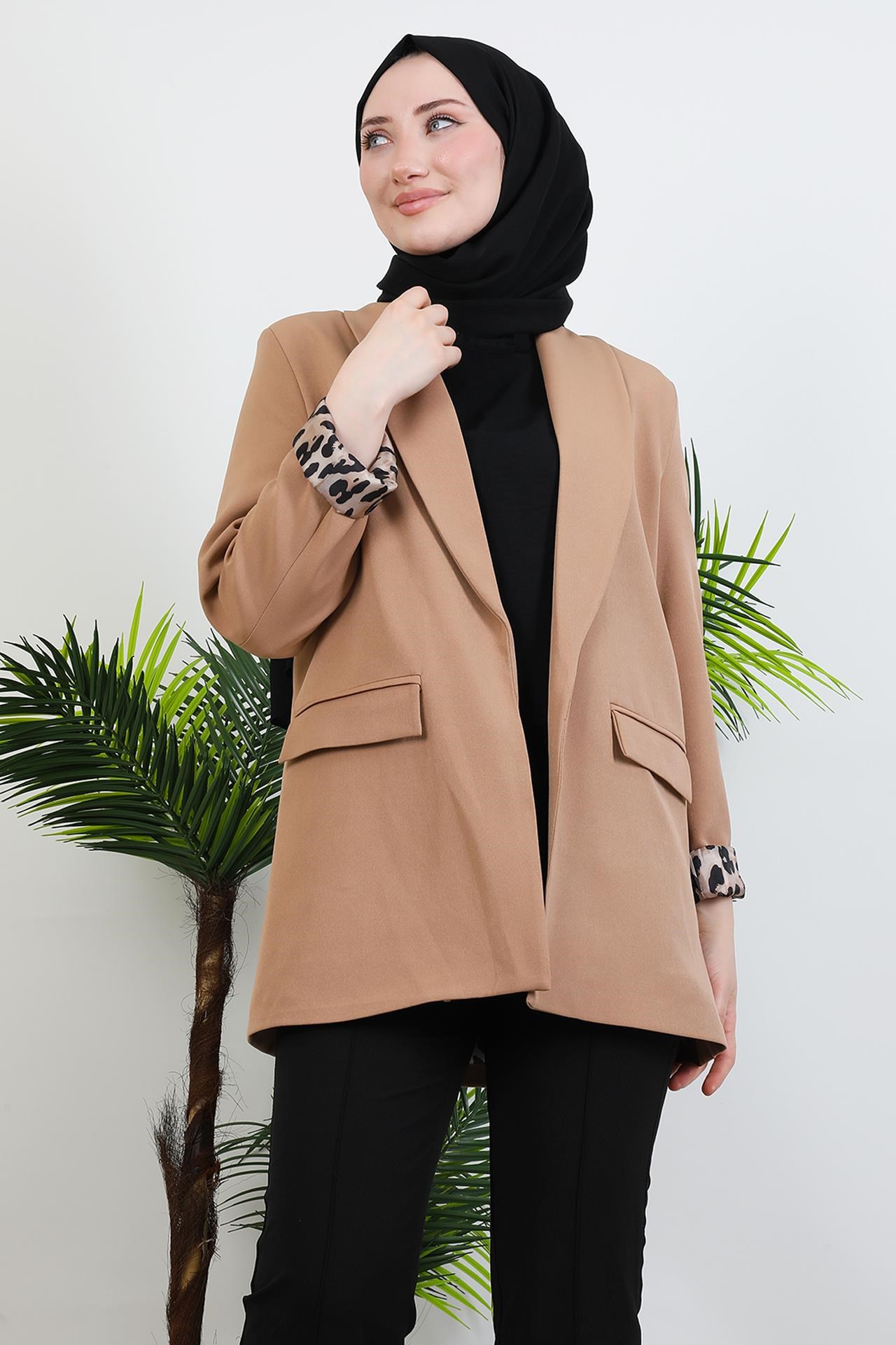 Leopar Astarlı Ceket Açık Kahve