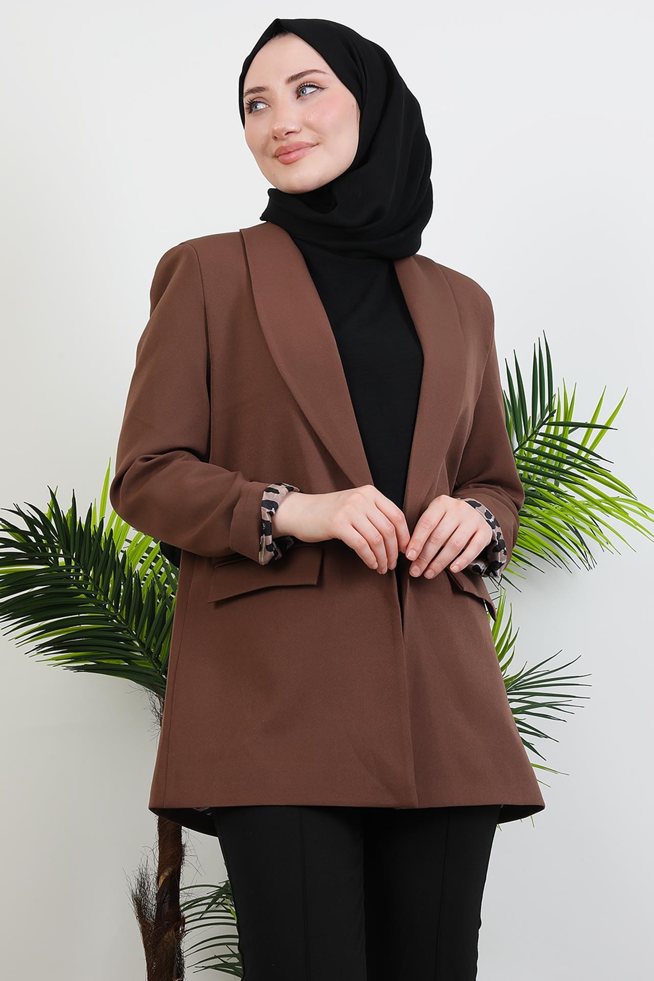 Leopar Astarlı Ceket Kahverengi