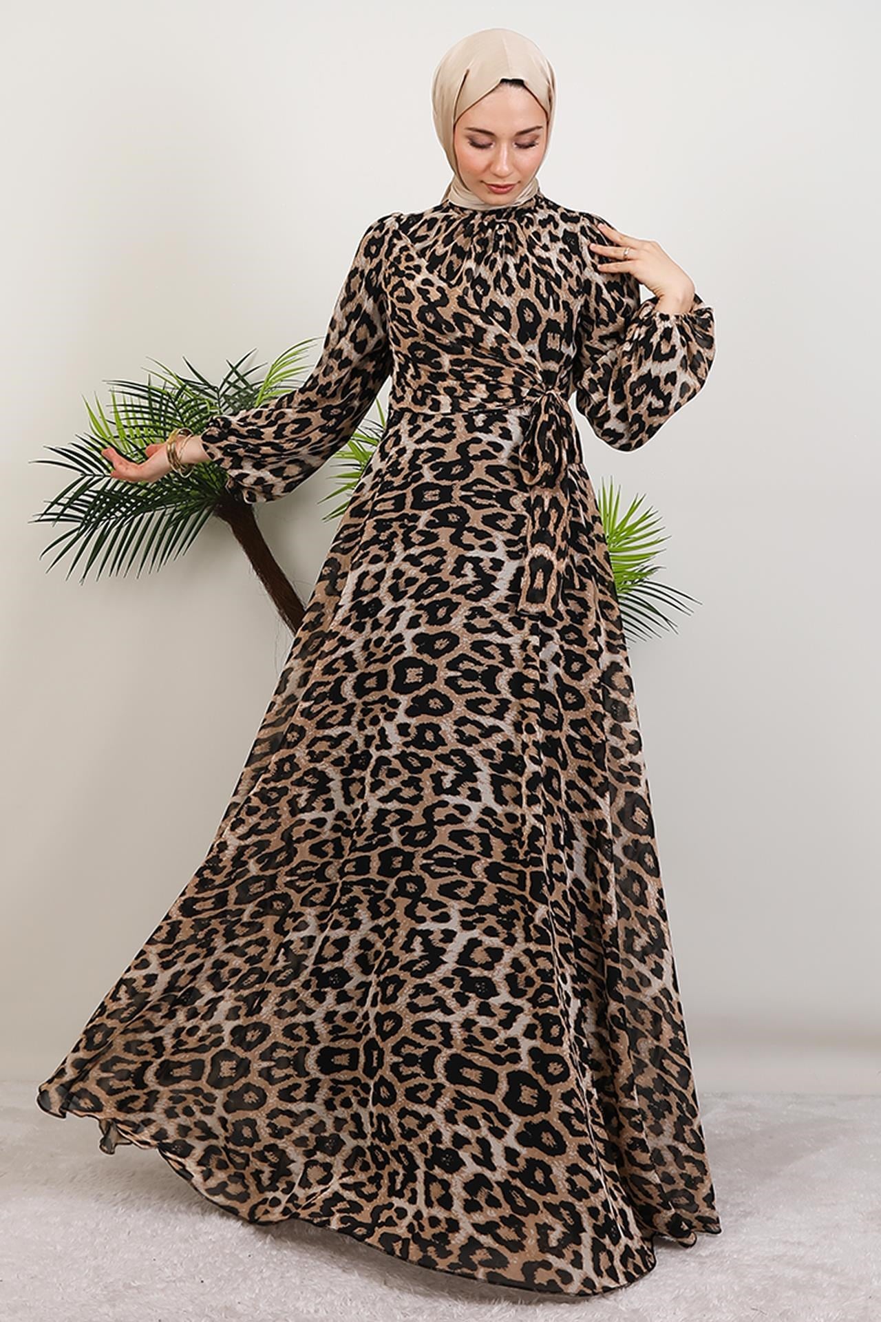 Leopar Şifon Elbise Kahve