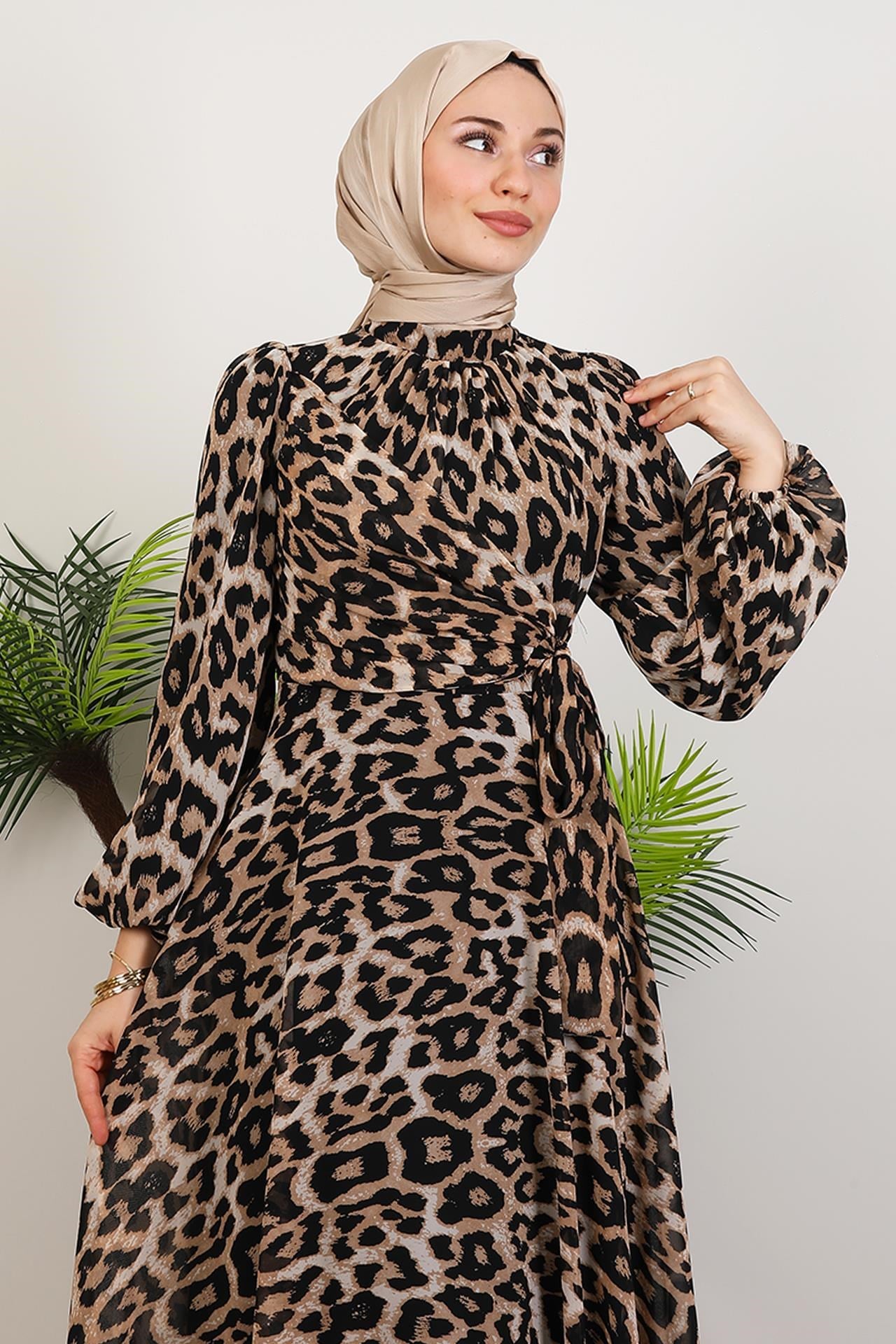 Leopar Şifon Elbise Kahve