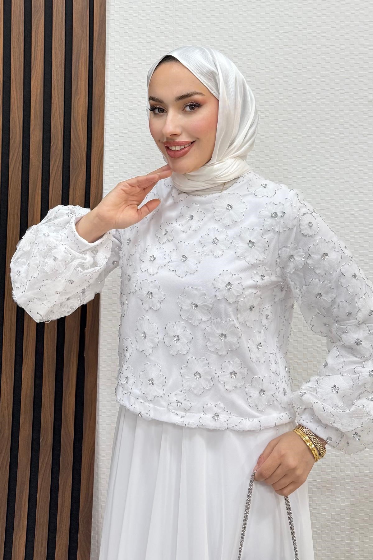 Letafet Tül Detay Abiye Beyaz