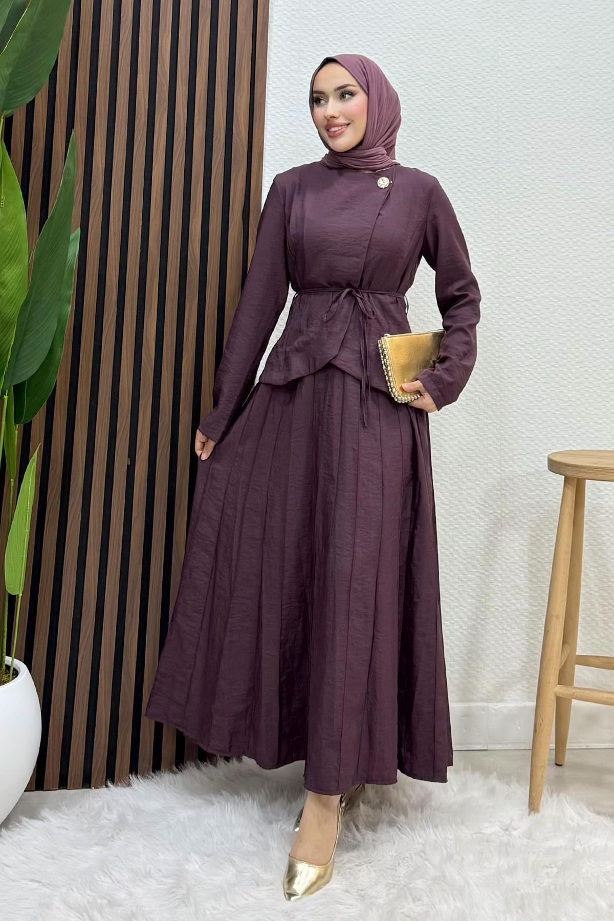 Leya Broş Düğme Takım Mürdüm