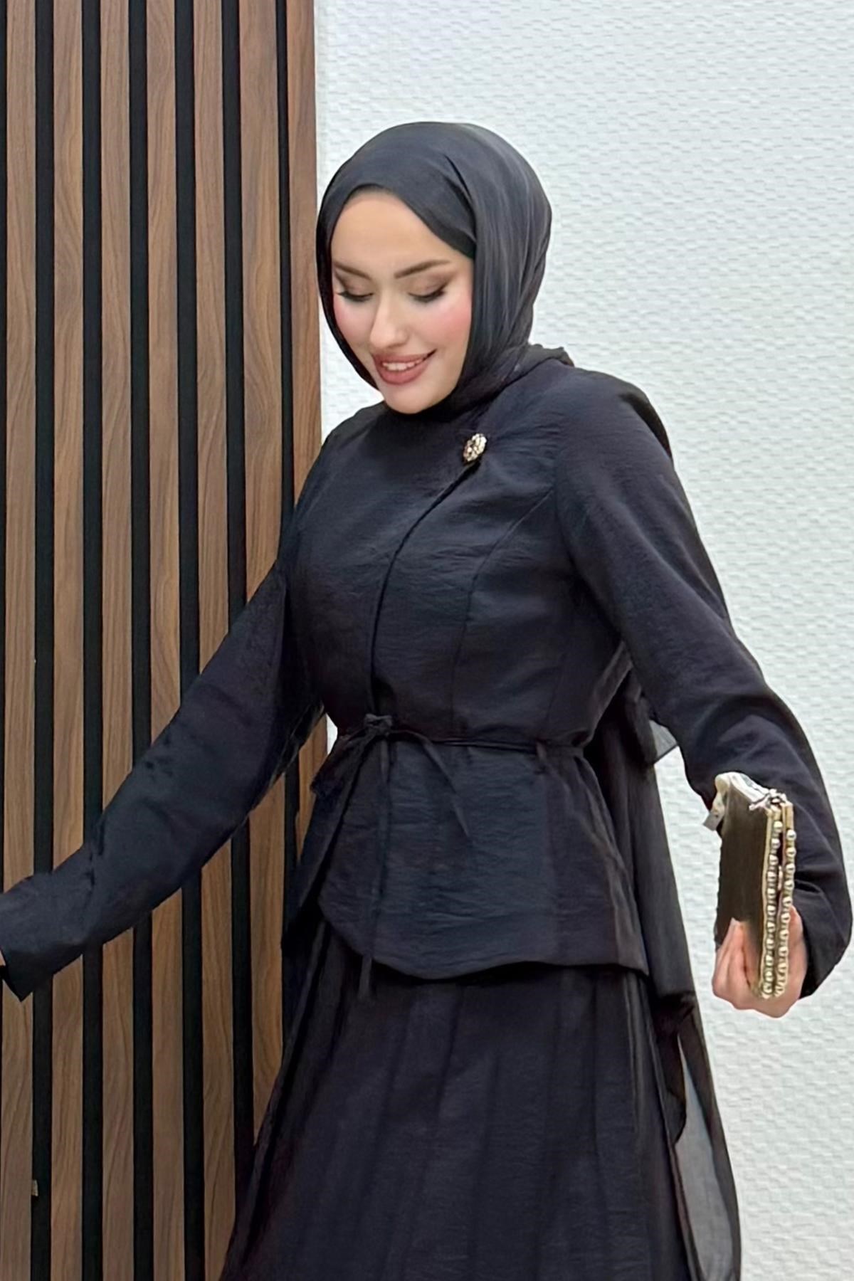 Leya Broş Düğme Takım Siyah