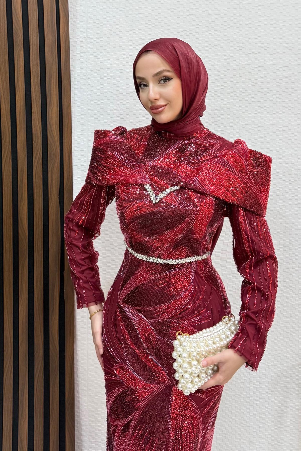 Lilyum İşleme Abiye Bordo