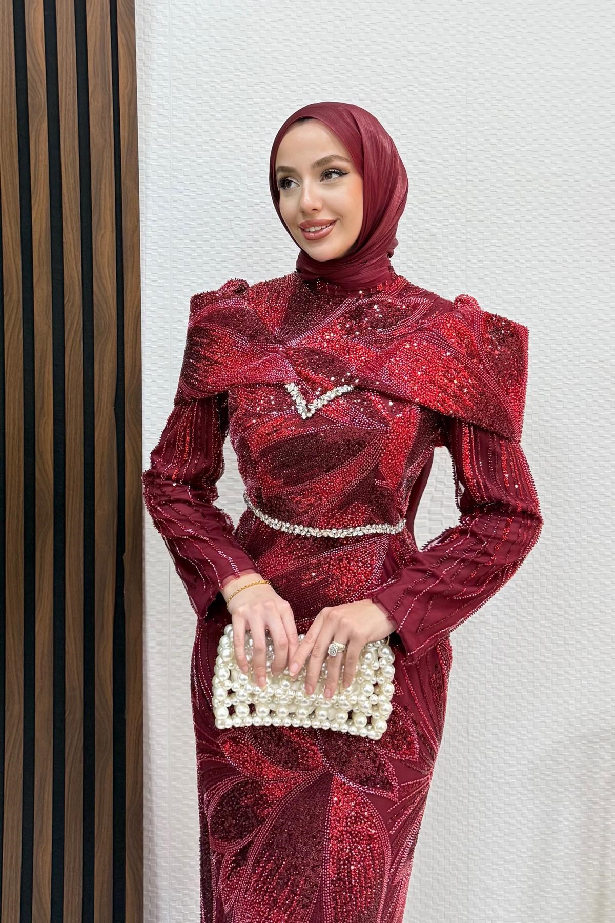 Lilyum İşleme Abiye Bordo