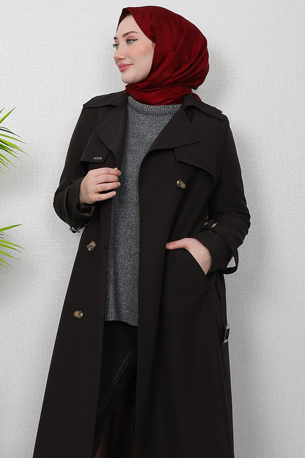 Liza Düğmeli Trenç Acı Kahve