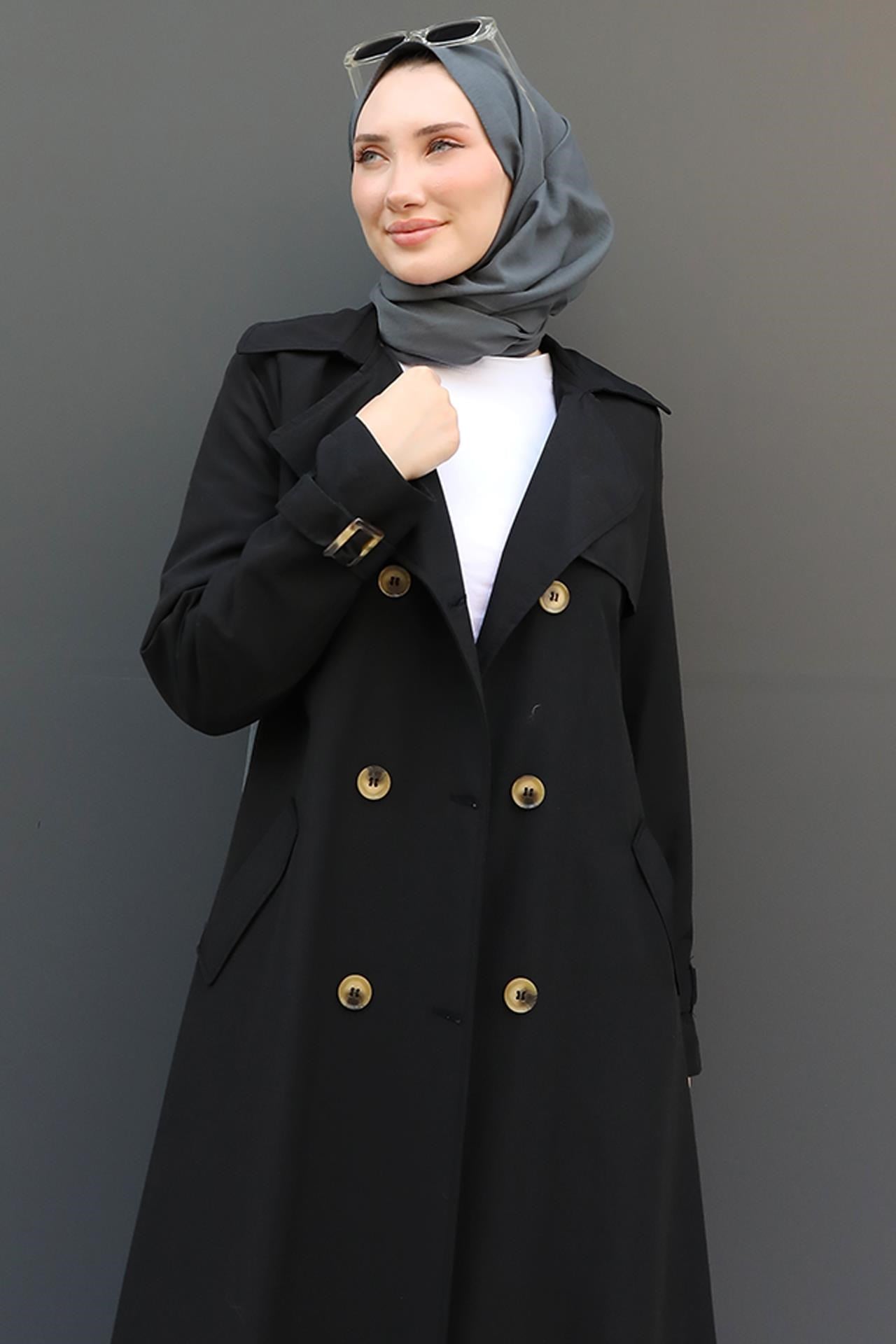 Liza Düğmeli Trenç Siyah