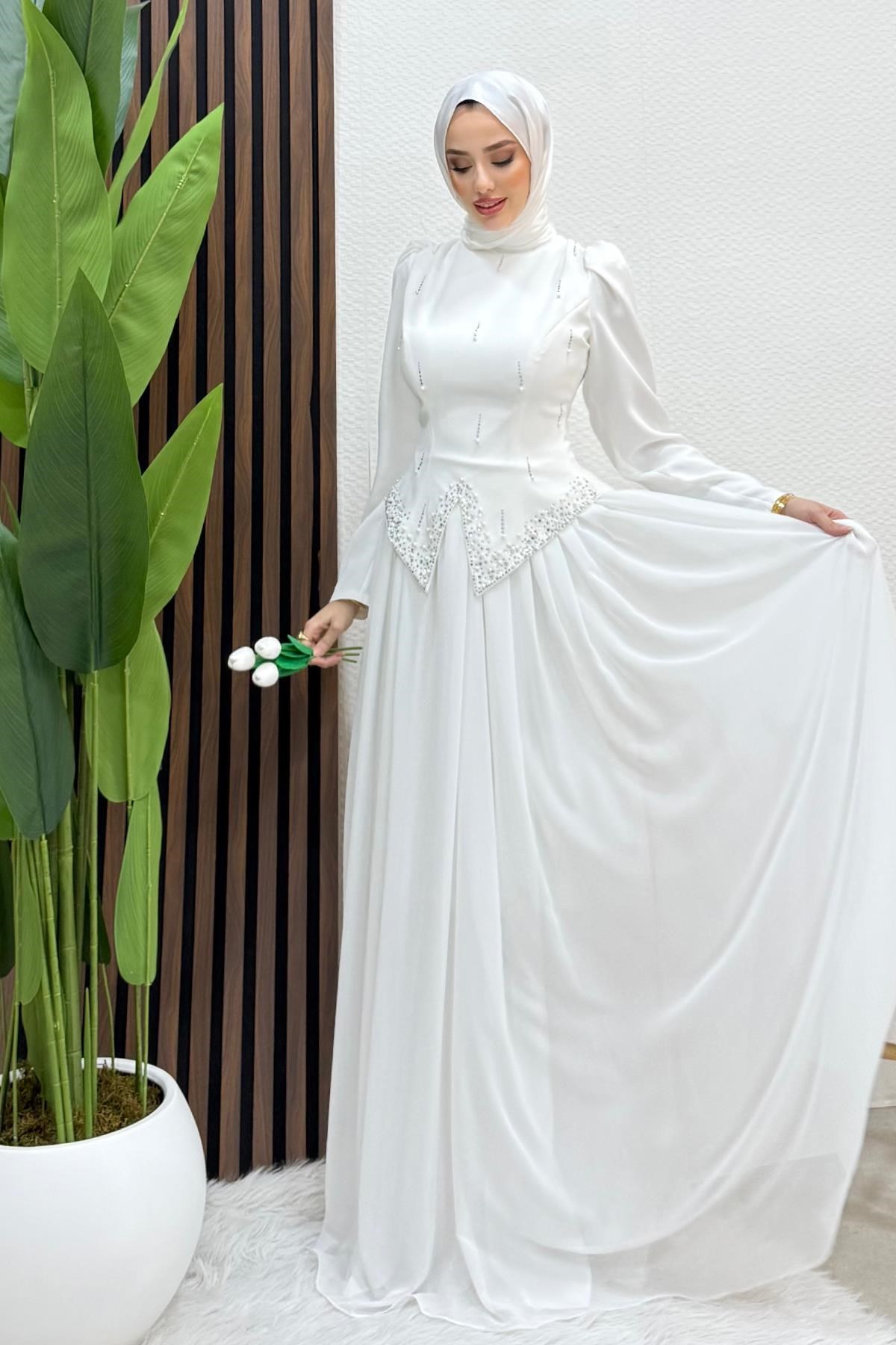 Mahsen Şifon Abiye Beyaz