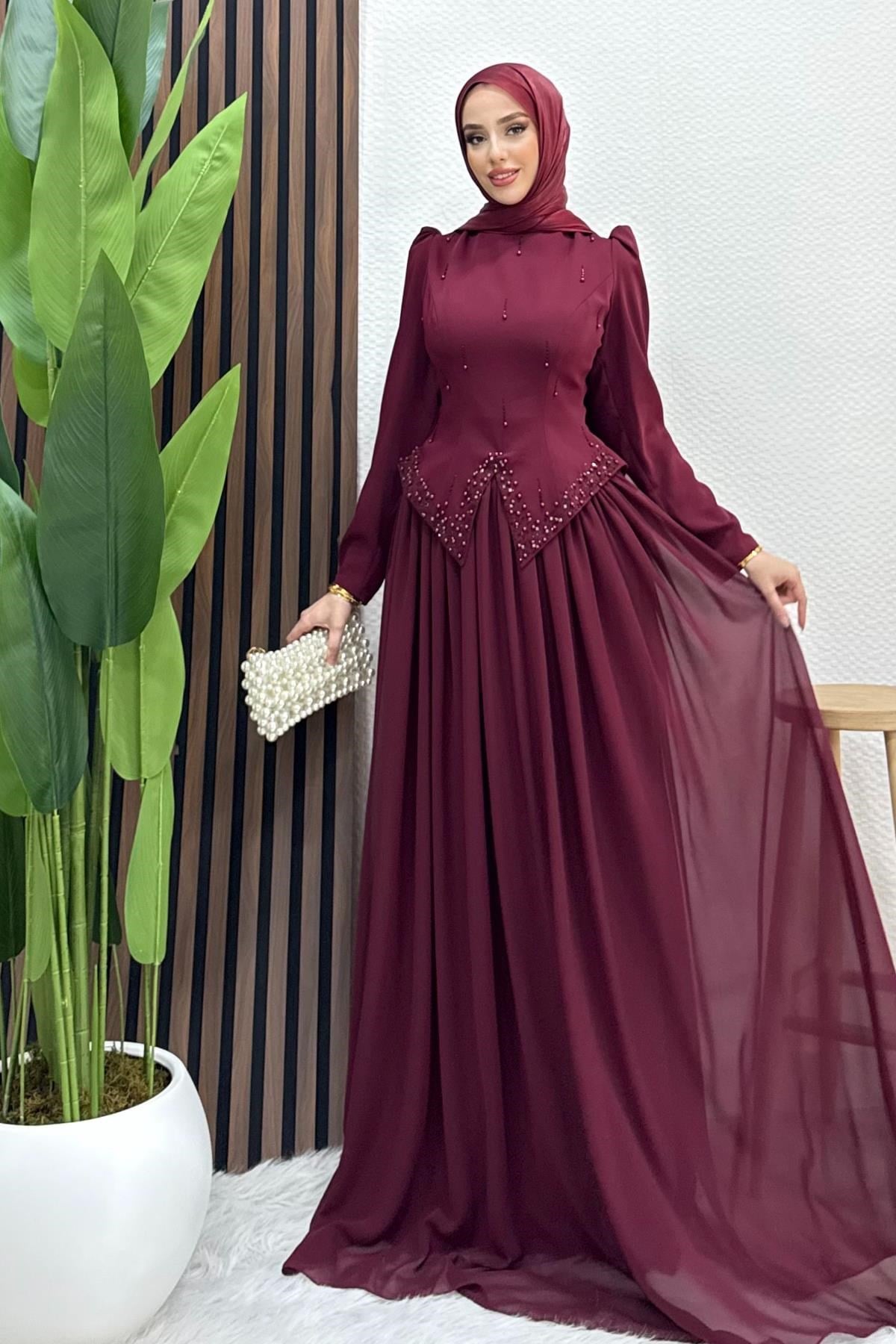 Mahsen Şifon Abiye Bordo