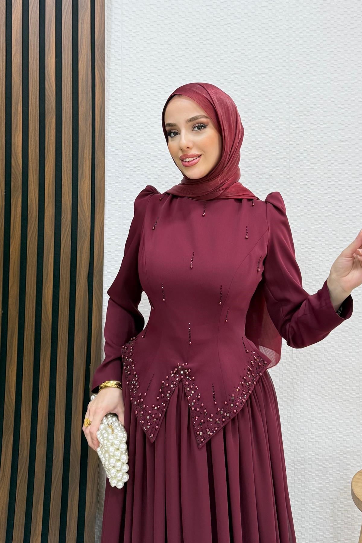 Mahsen Şifon Abiye Bordo