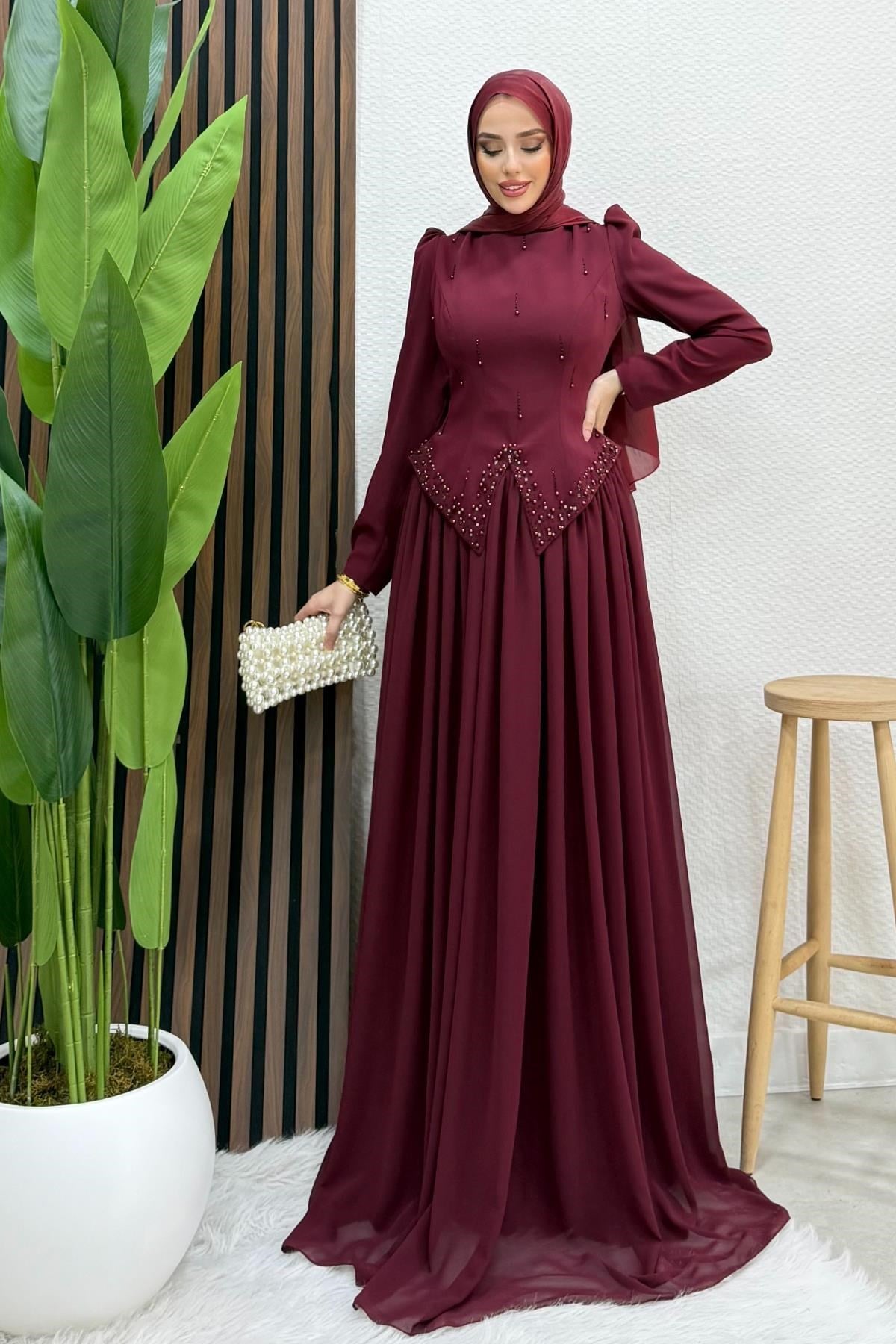 Mahsen Şifon Abiye Bordo