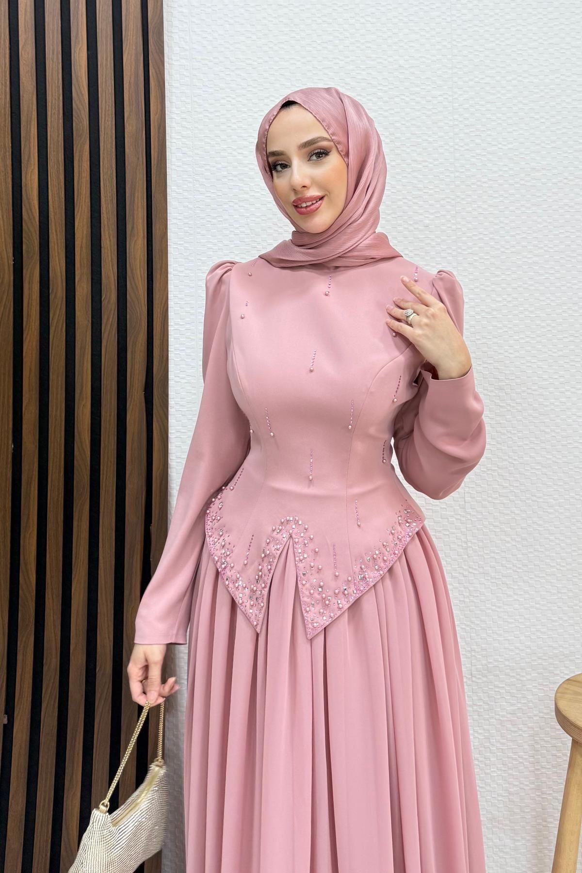 Mahsen Şifon Abiye Soft Pembe
