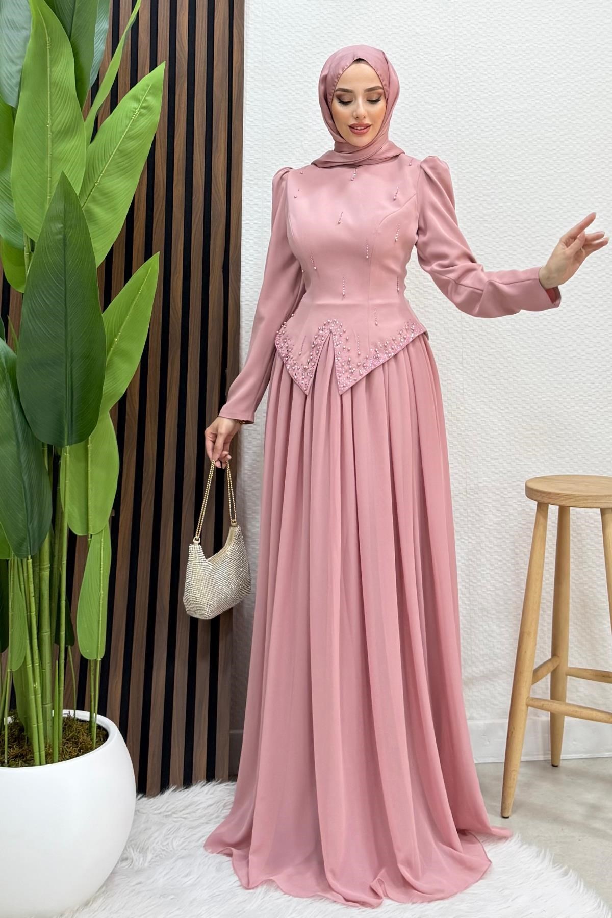 Mahsen Şifon Abiye Soft Pembe