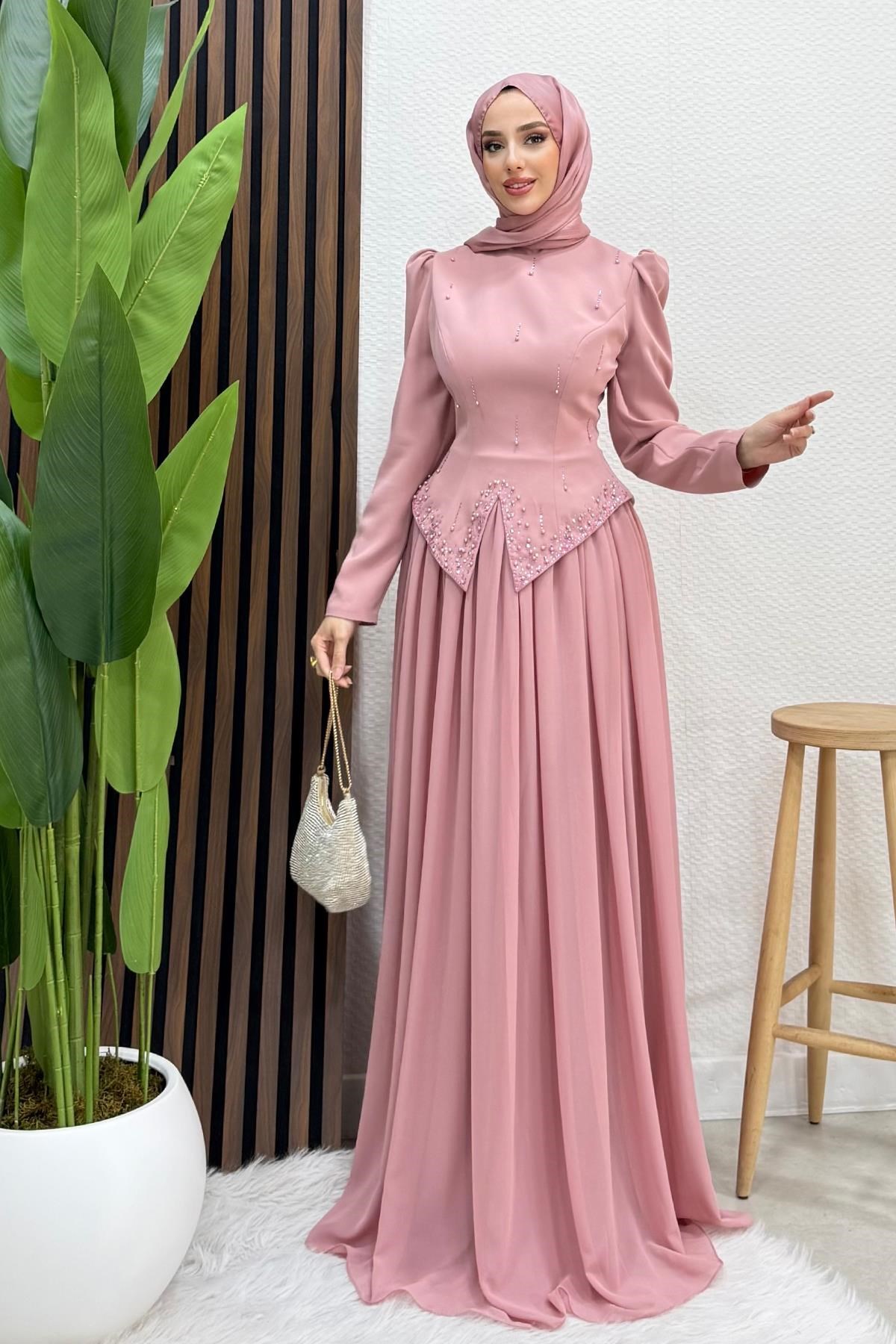 Mahsen Şifon Abiye Soft Pembe