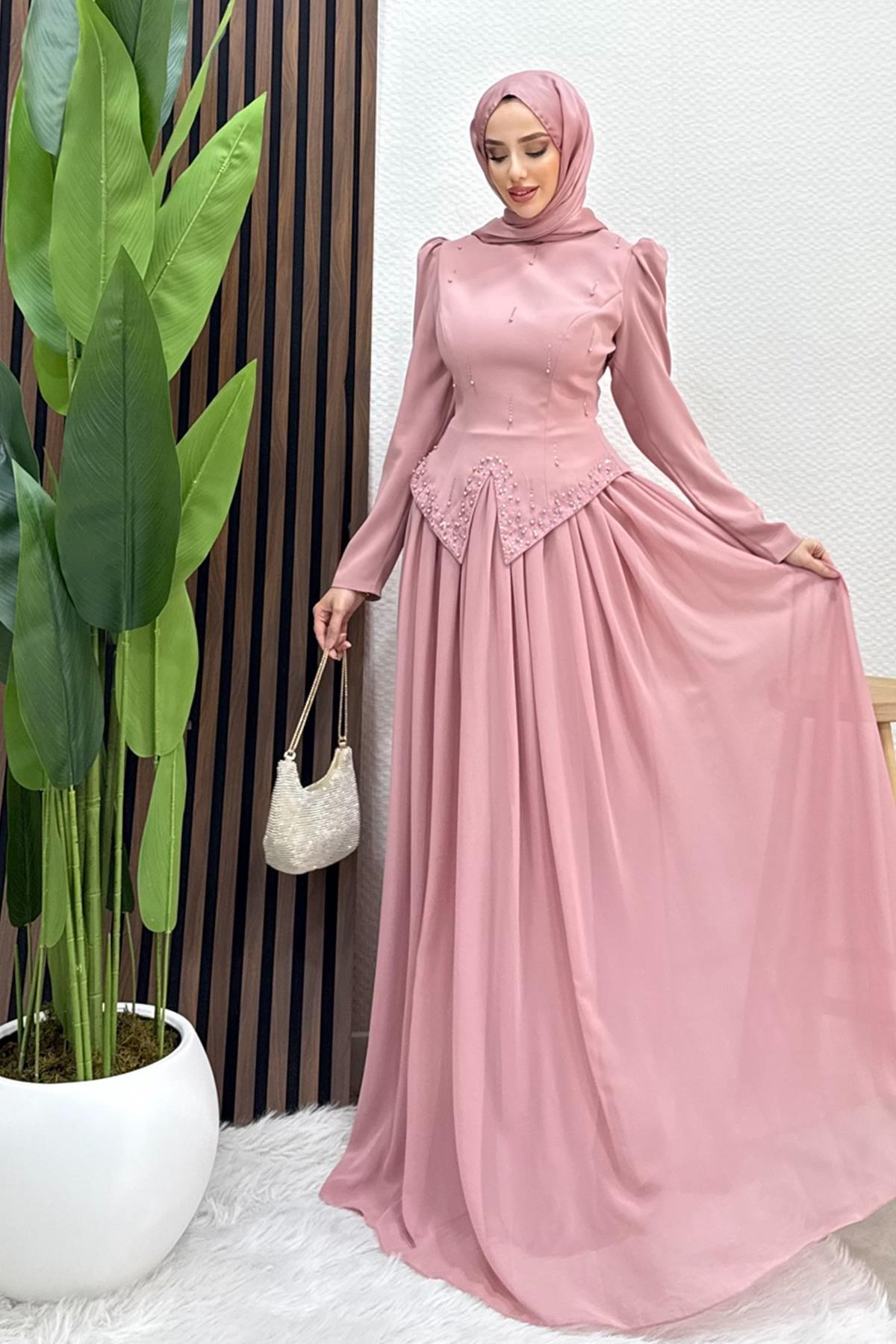 Mahsen Şifon Abiye Soft Pembe