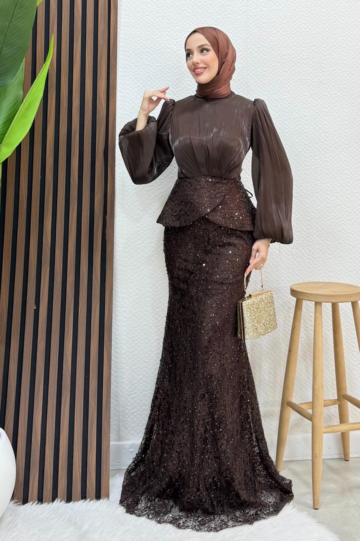 Marcella Dantel İşleme Abiye Acı Kahve