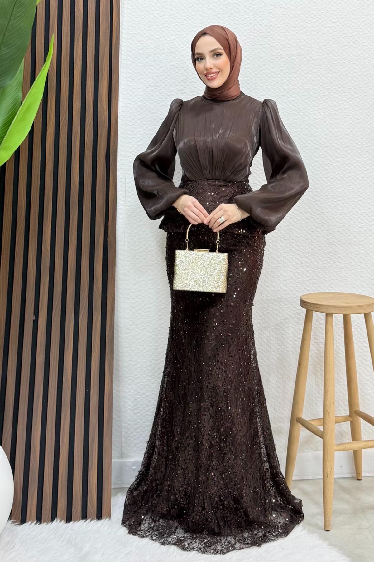 Marcella Dantel İşleme Abiye Acı Kahve