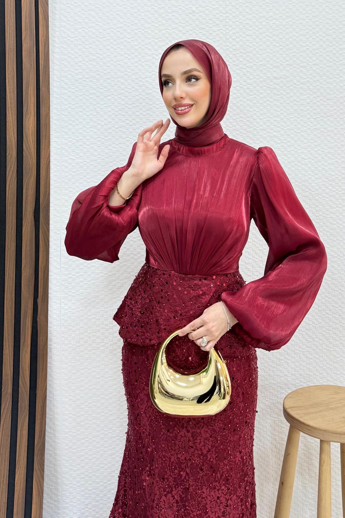 Marcella Dantel İşleme Abiye Bordo