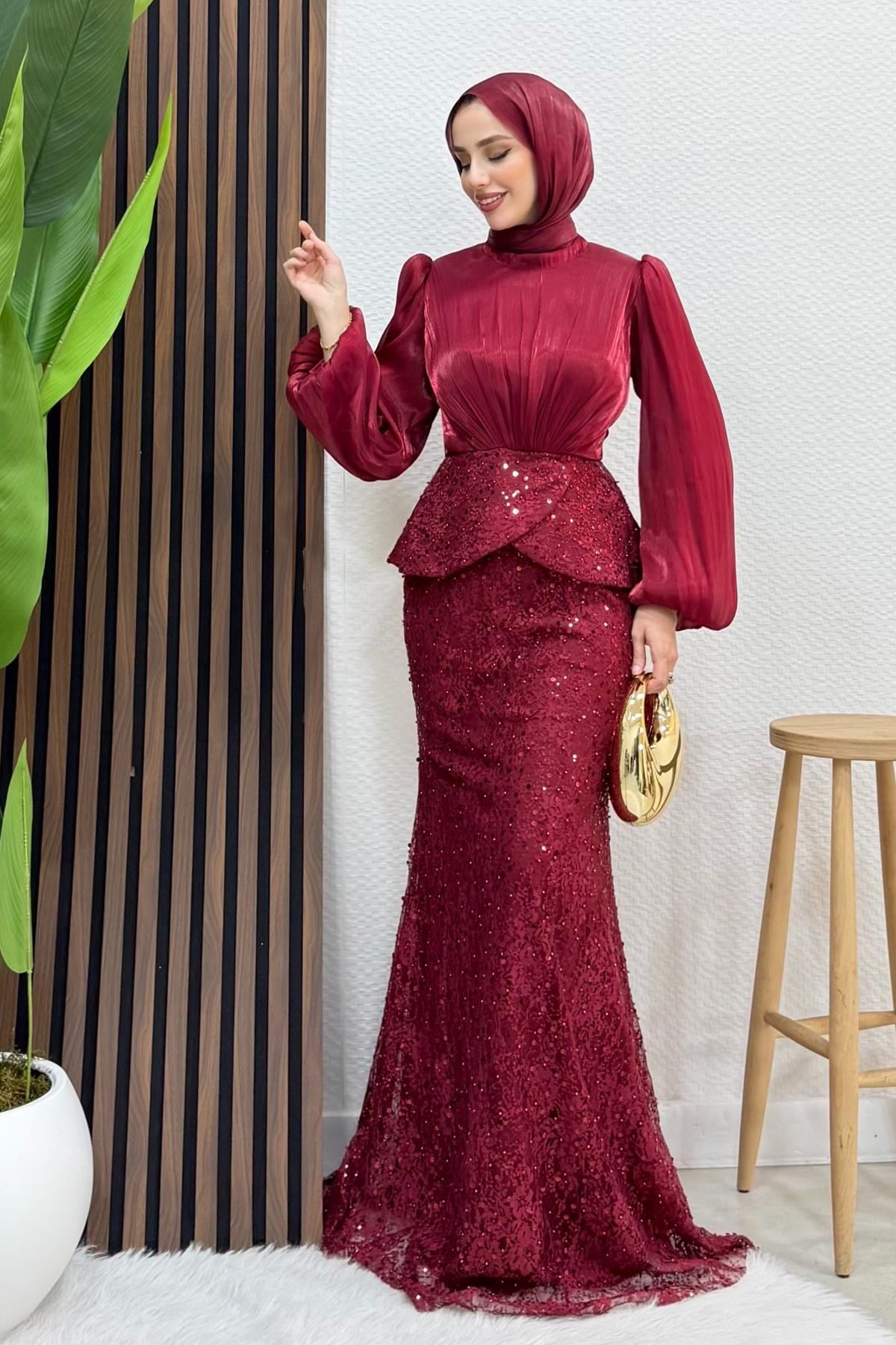 Marcella Dantel İşleme Abiye Bordo