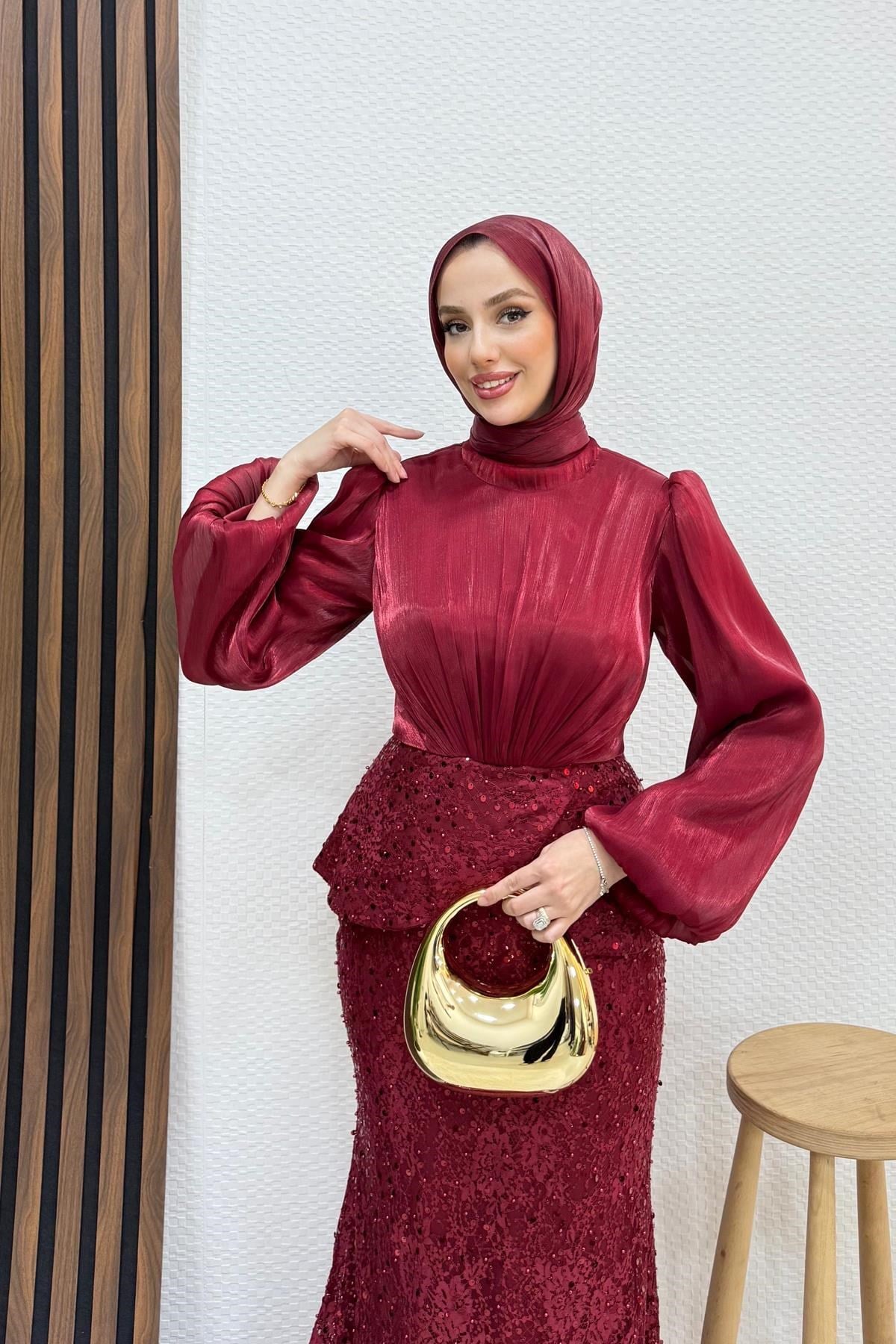 Marcella Dantel İşleme Abiye Bordo