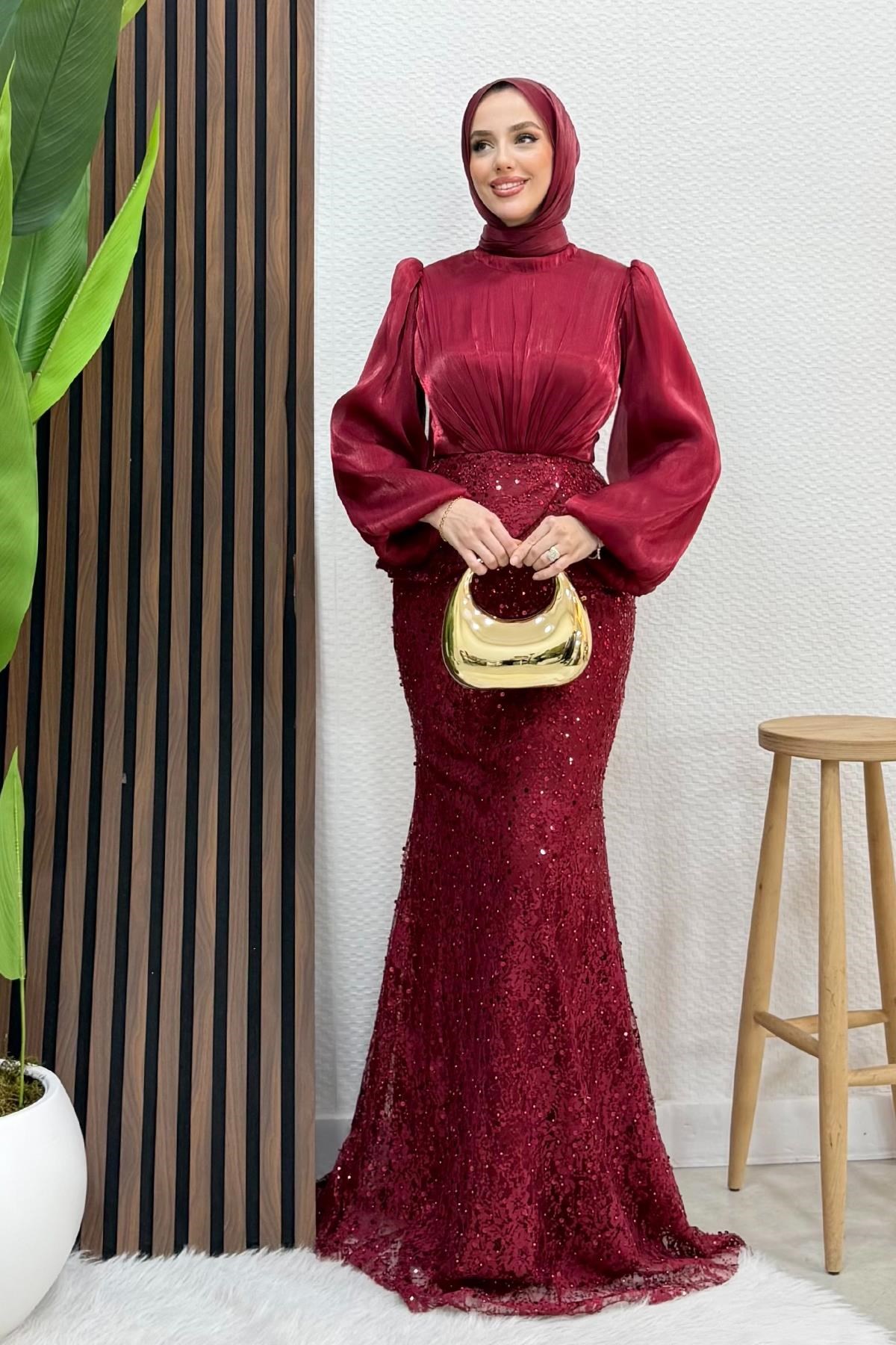 Marcella Dantel İşleme Abiye Bordo