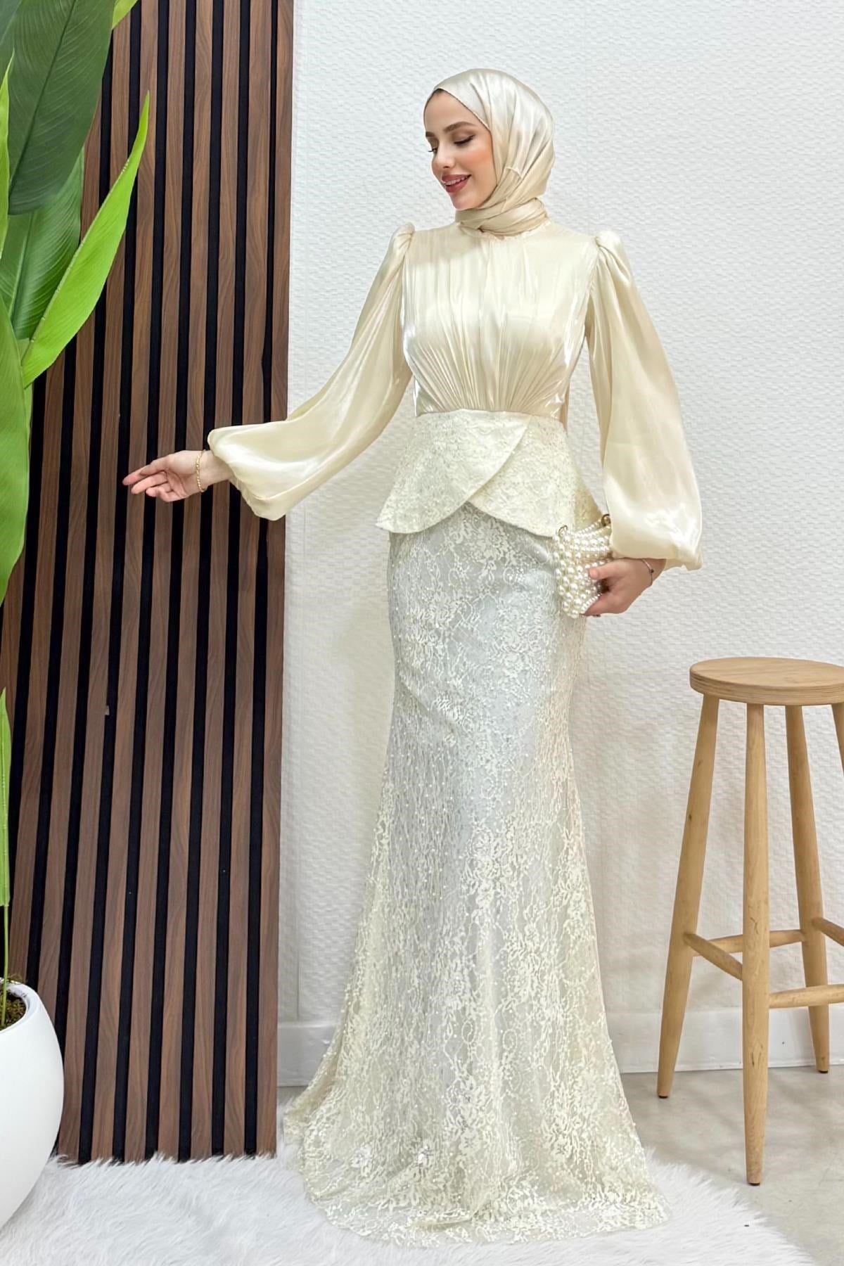 Marcella Dantel İşleme Abiye Krem