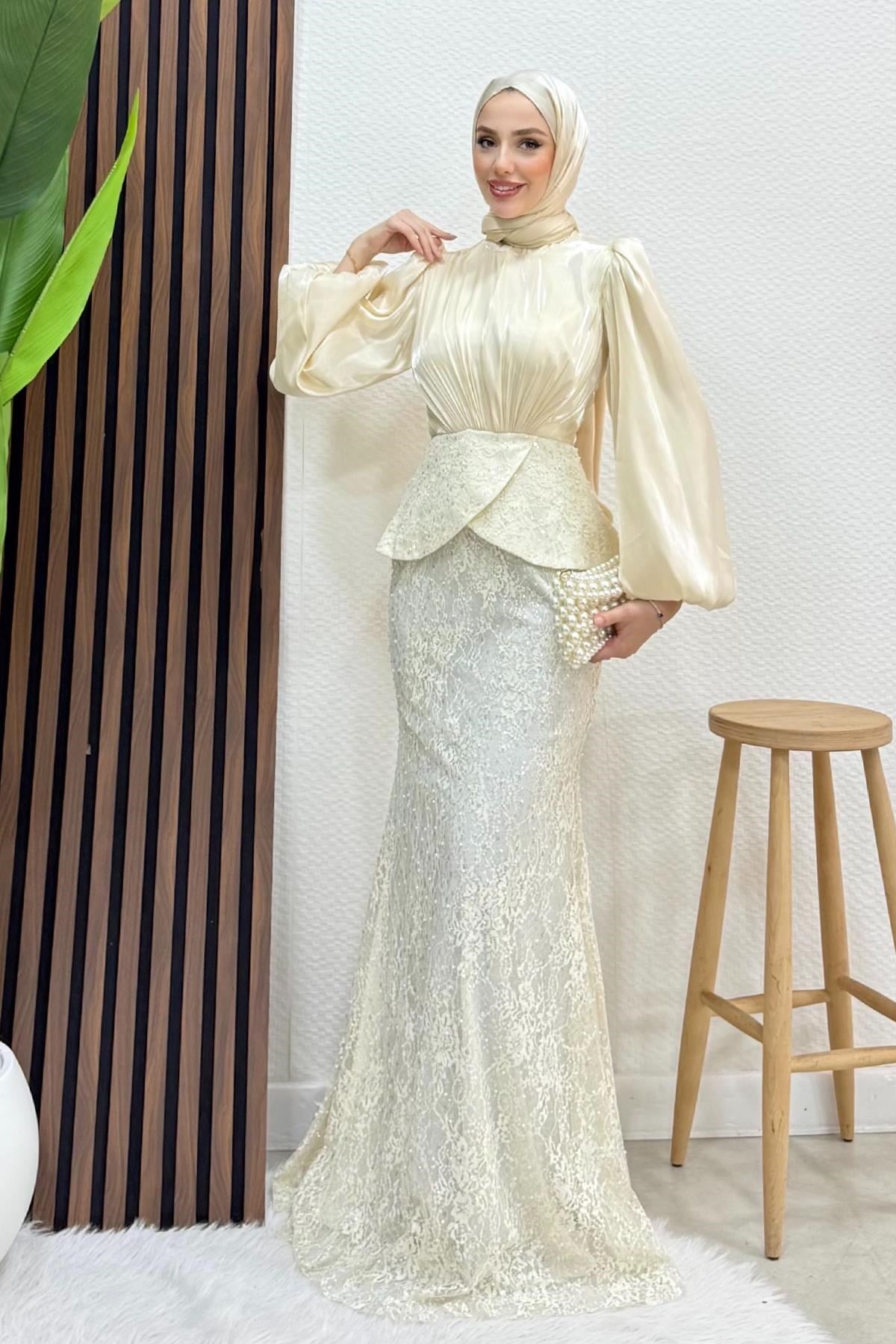 Marcella Dantel İşleme Abiye Krem