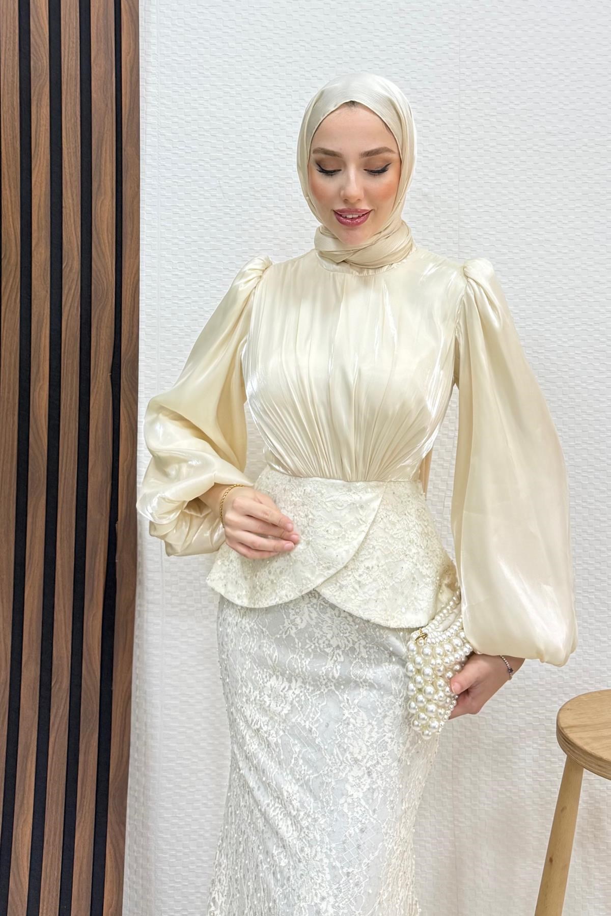 Marcella Dantel İşleme Abiye Krem
