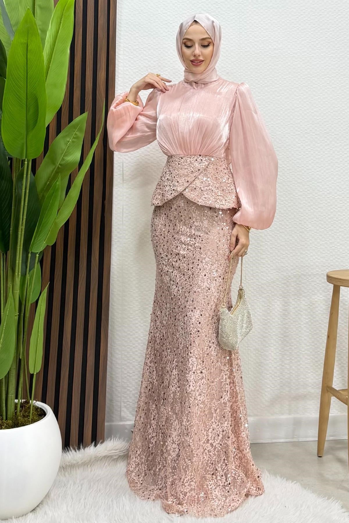 Marcella Dantel İşleme Abiye Soft Pembe