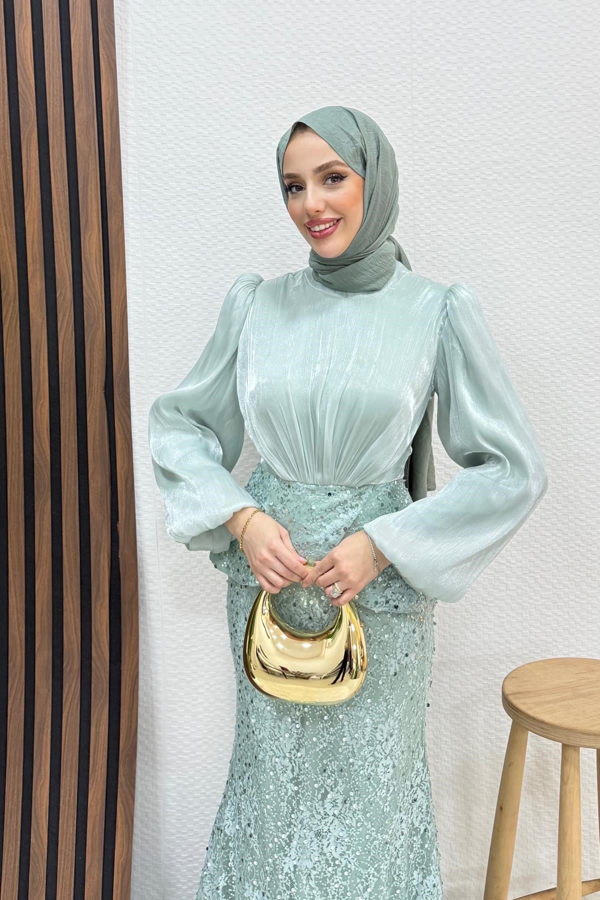 Marcella Dantel İşleme Abiye Su Yeşil