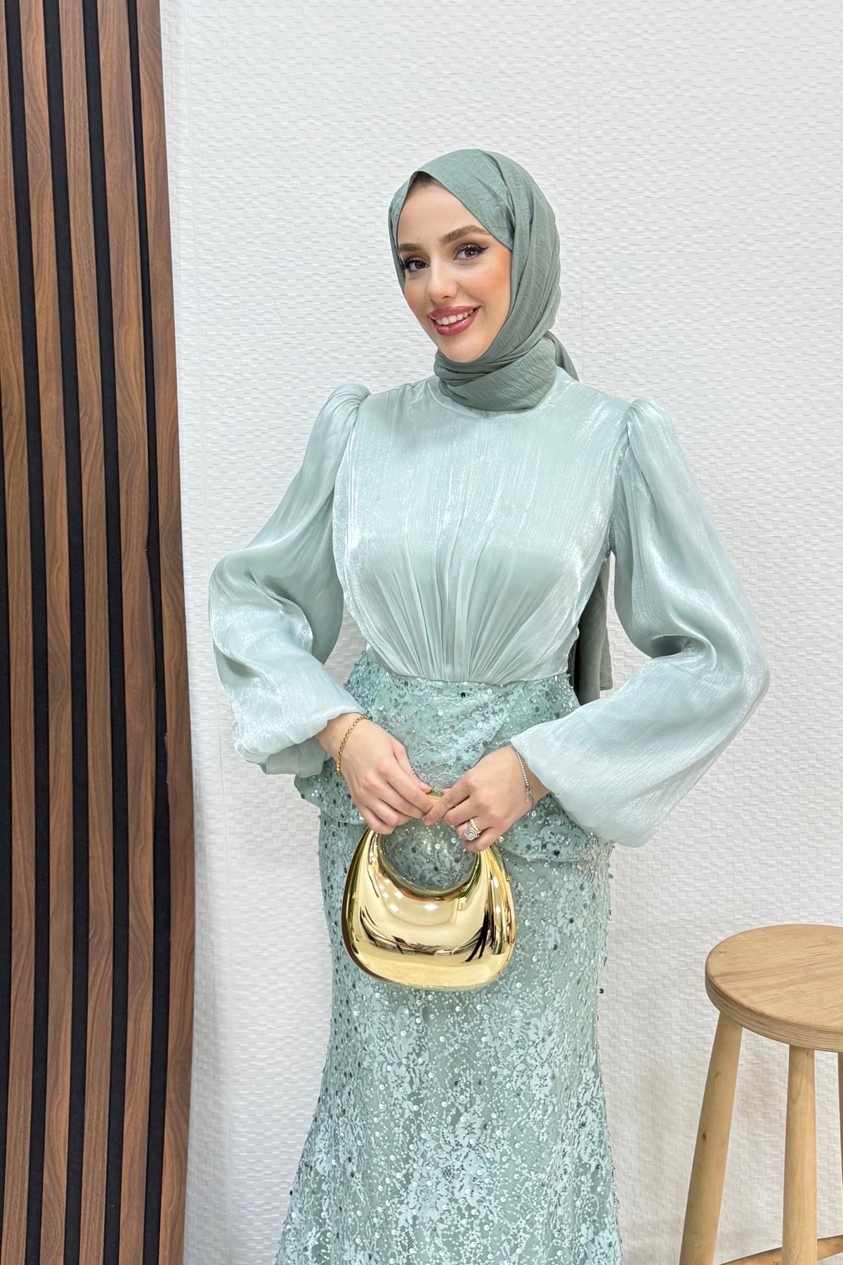 Marcella Dantel İşleme Abiye Su Yeşil