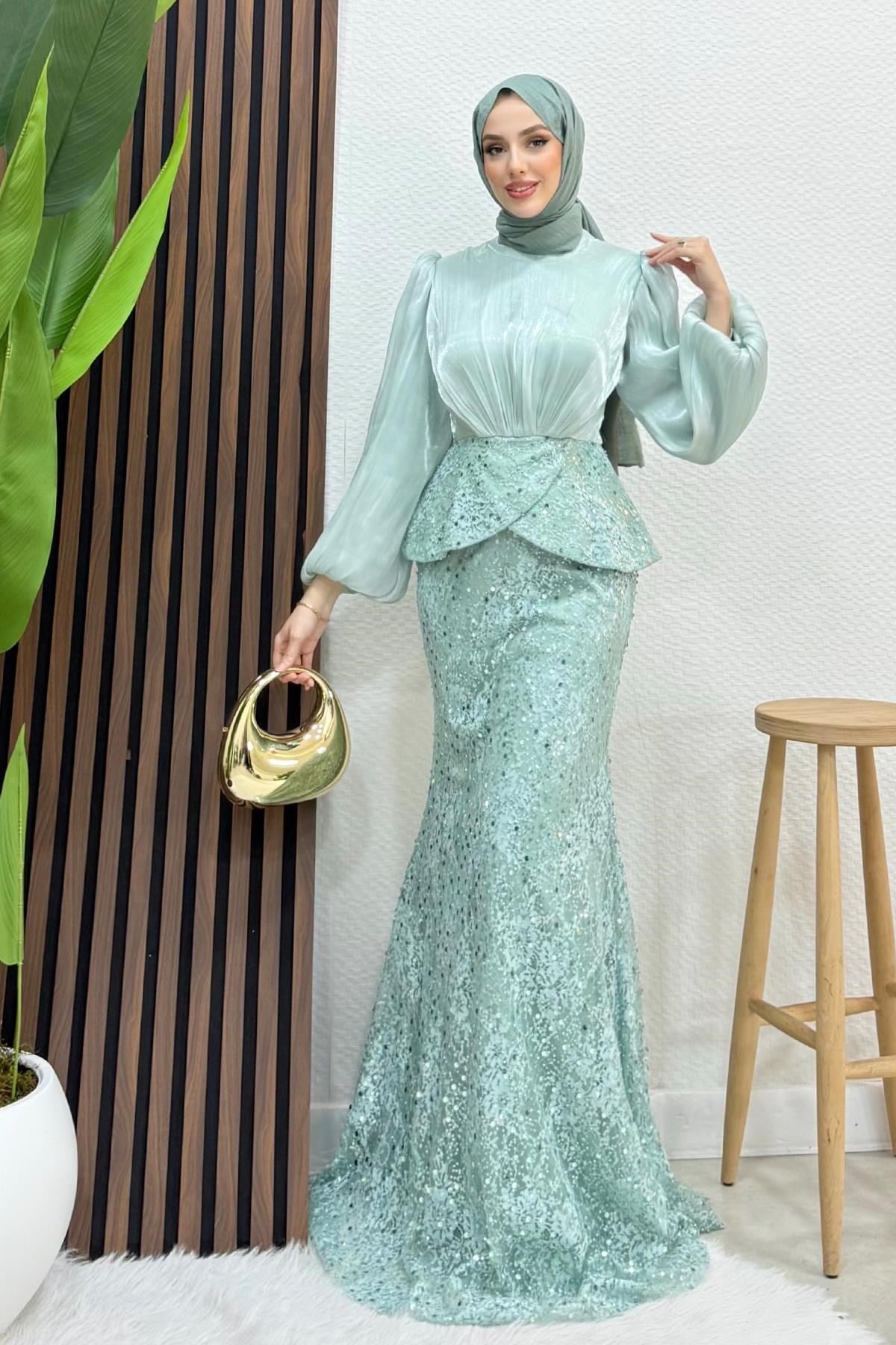 Marcella Dantel İşleme Abiye Su Yeşil