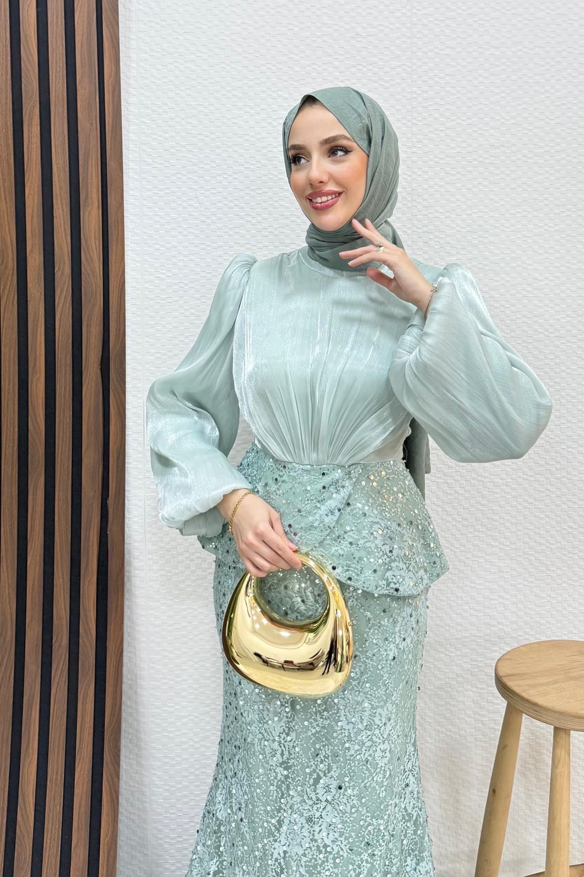 Marcella Dantel İşleme Abiye Su Yeşil