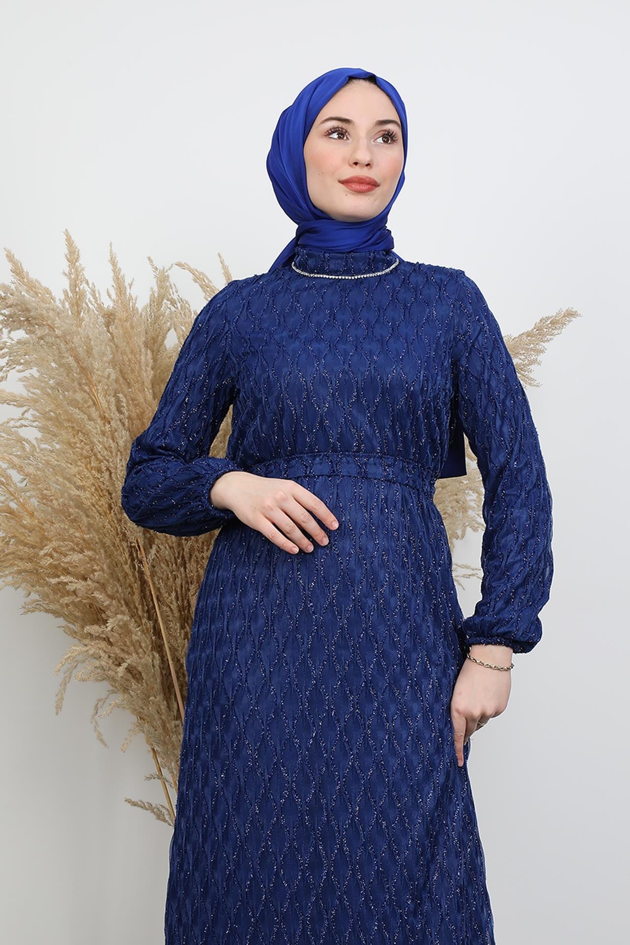 Marya Tesettür Tül Elbise Gece Mavi