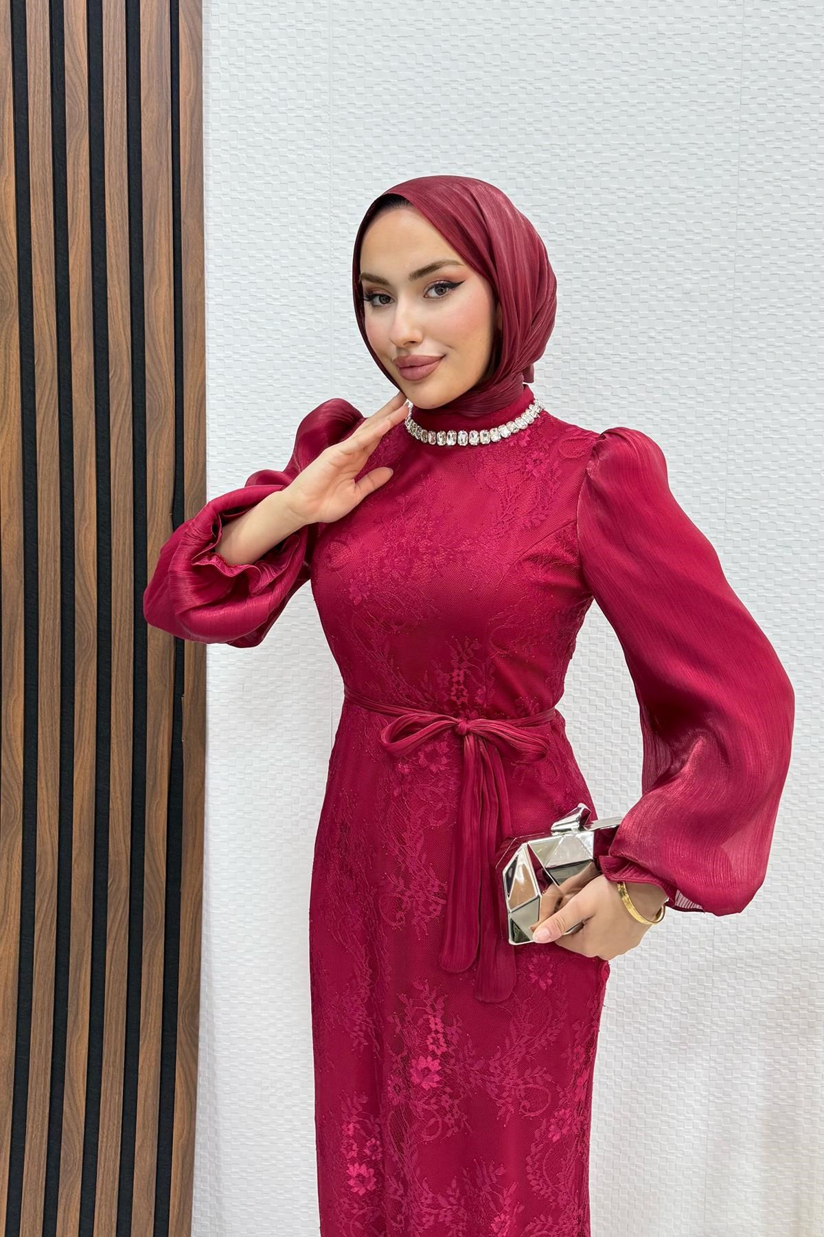 Mehsa Dantel Abiye Bordo