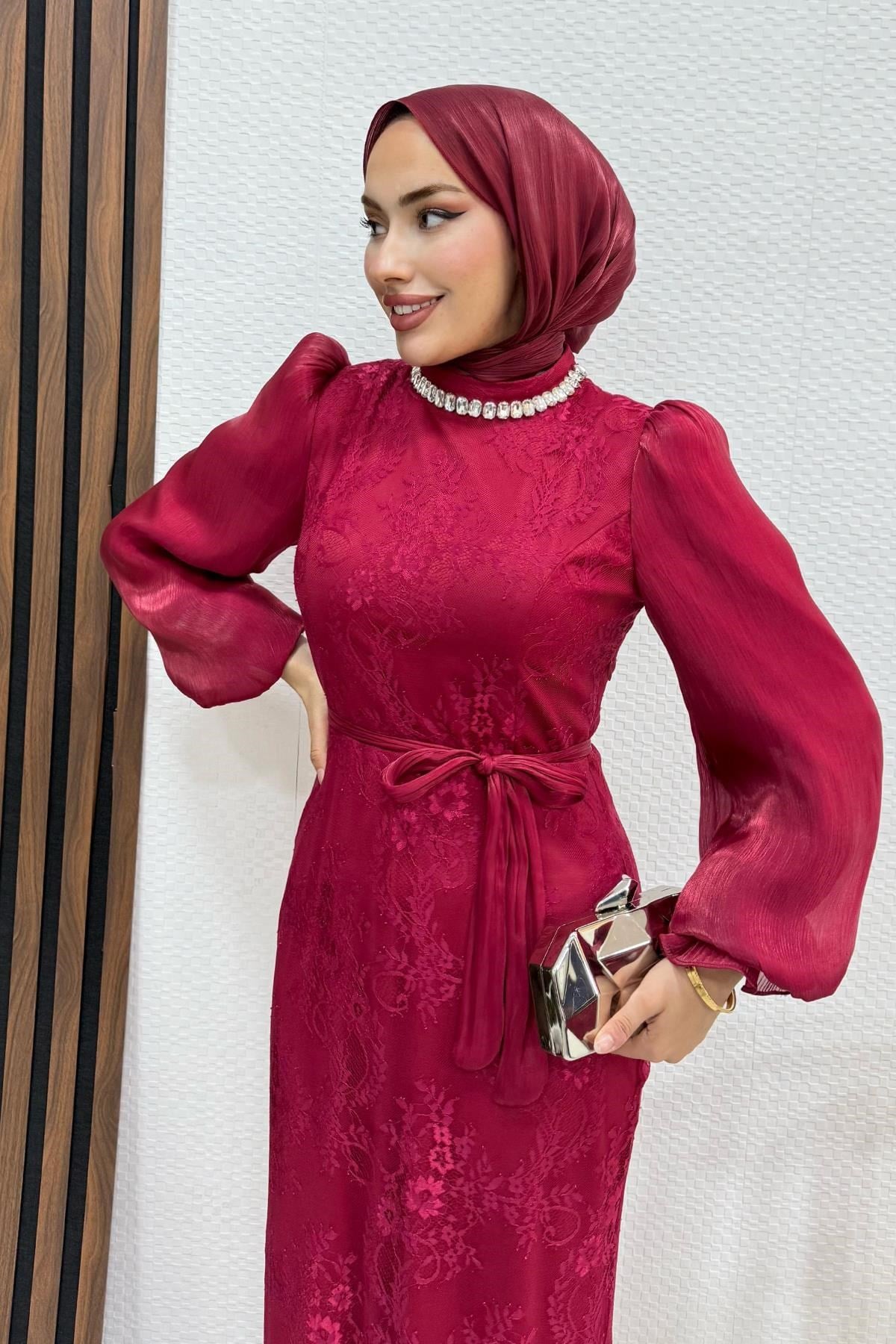 Mehsa Dantel Abiye Bordo