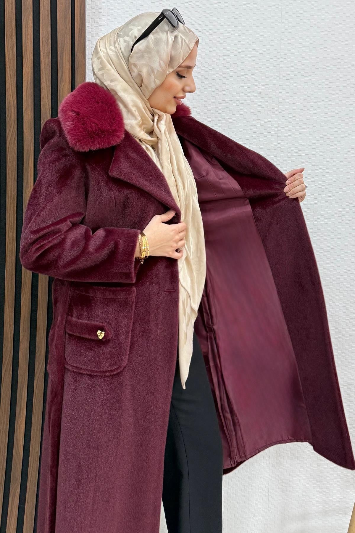 Meleni Kaşe Kaban Bordo