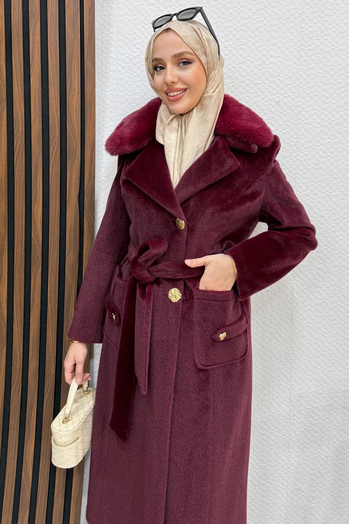 Meleni Kaşe Kaban Bordo